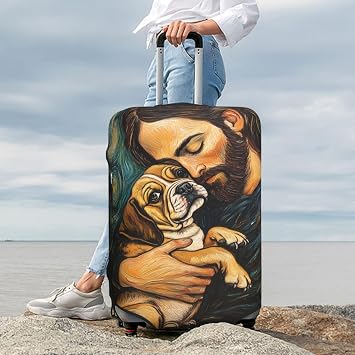 Travel Luggage Covers,Jesus Holding Bulldog Dog In Arms Thicker Elastic Suitcase Cover Dustproof Baggage Cover Scratch-Resistant Suitcase Cover Protector Fit 22-24 Inch Luggage Medium
