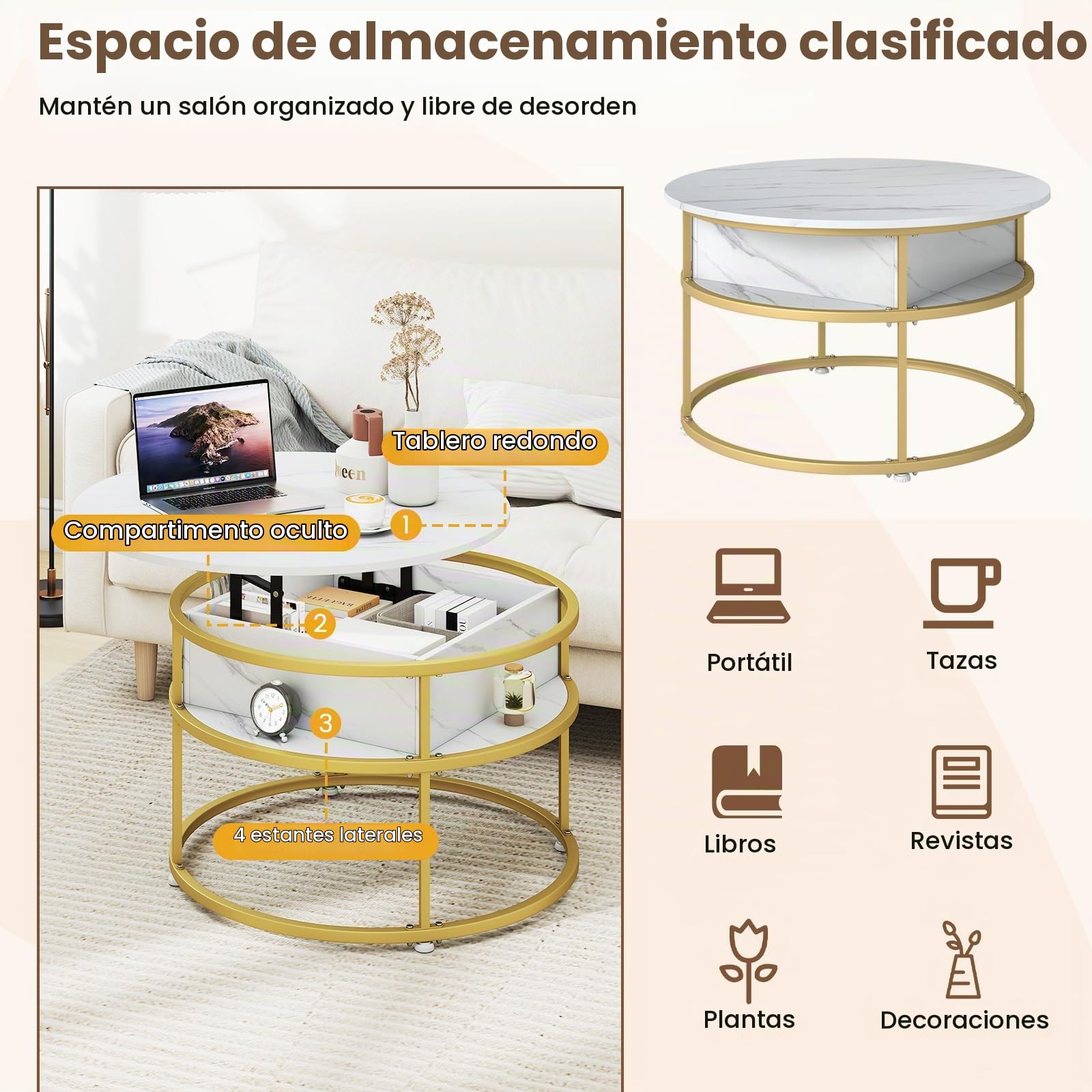 GIANTEX Mesa de Centro Redonda con Tablero Elevable, Aspecto de Imitación de Mármol y Espacio de Almacenamiento Oculto, 80 x 80 x 49 cm, Mesa Auxiliar para Salón, Oficina