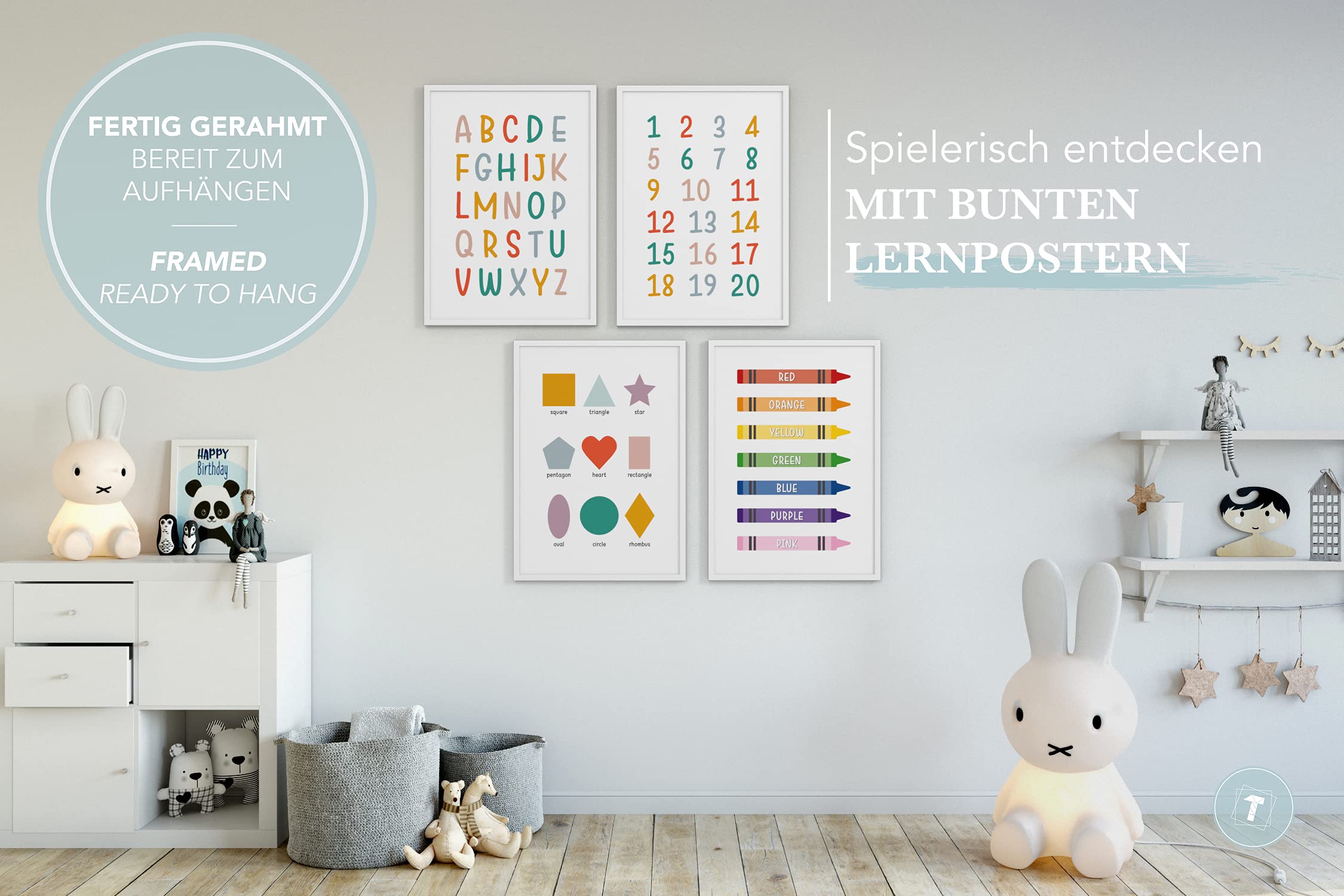 Lot de 4 posters d'apprentissage (anglais), A3 (30x42 cm) encadré d'un cadre en bois (blanc), cadeau de scolarisation, lettres, nombres, couleurs, des formulaires, ABC Numbers Colors Shapes