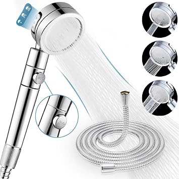 Handheld Shower Head, 3 Spray Modes High Pressure Shower Head and 2m Hose Set, Powerful Shower Heads to Increase Pressure, Water Saving Showerhead with 360  Degrees Rotating/Stop Button, Chrome