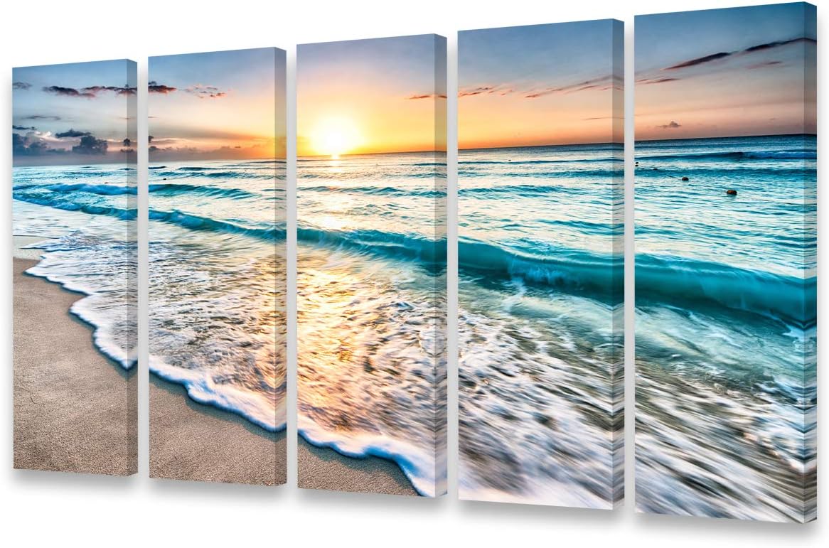 S02258 Canvas Prints Wall Art Beach Sunset Ocean Nature Pictures Stretched and Framed Blue Waves Paintings on Canvas for Living Room Bedroom Home Office Decorations Wall Décor 12x32inch x5pcs
