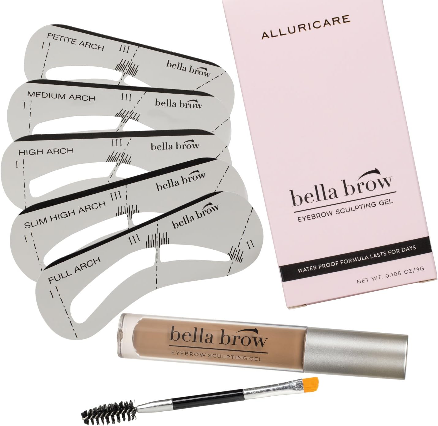 Natural Eyebrow Gel Sculpting Duo Volumizing Fiber Gel with Dual Edge Precision Spoolie Brush Applicator and Shaper Stencils - Waterproof and Smear Proof Formula by Bella Brow (Brunette)