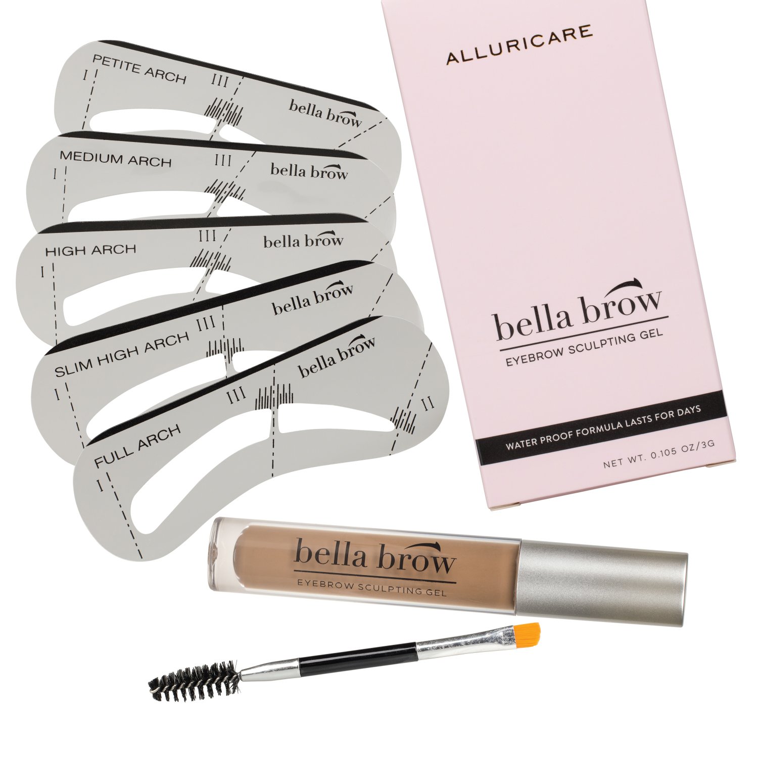 Alluricare Eyebrow Gel Kit with Dual Edge Spoolie Brush Applicator and Five Custom Shape Brow Stencil, Waterproof and Smear Proof Formula, Brunette