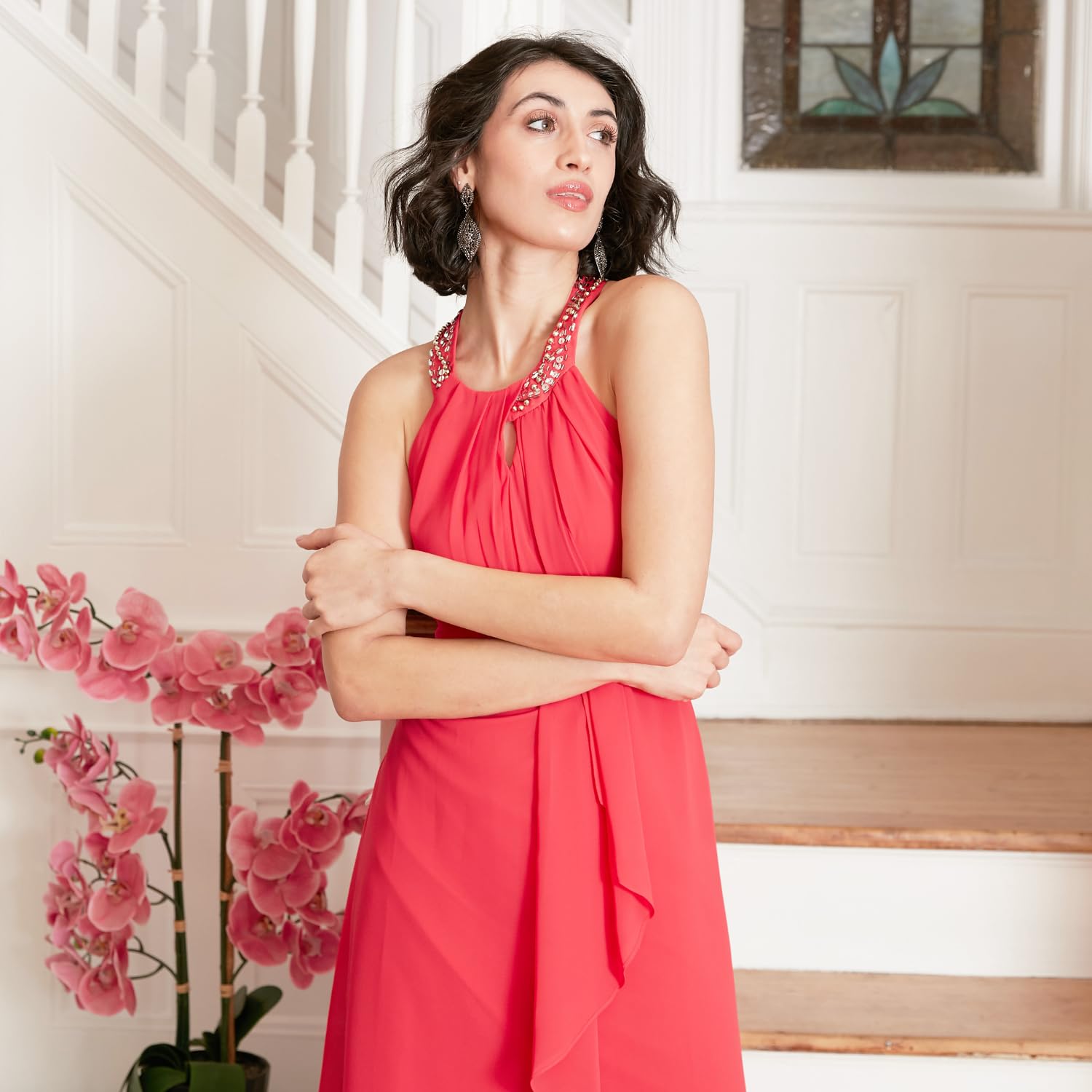 S.L. Fashions Jewel Halter Neckline Cocktail Dress, Wedding Guest, Party Dress (Petite and Regular Sizes) Vestido para Ocaciones Especiales Mujer (Pack de 1)