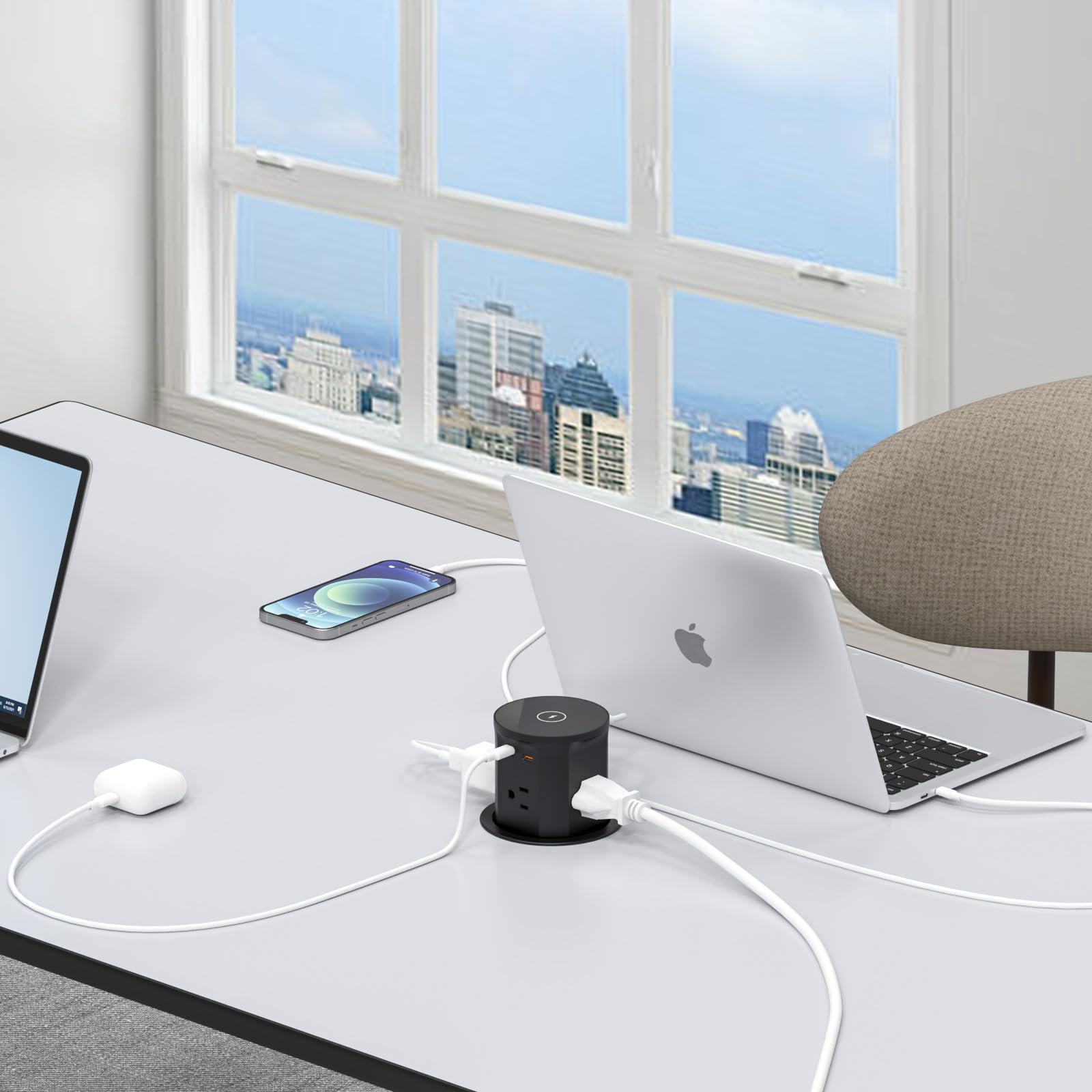 15 W bezprzewodowa ładowarka nablatowa wysuwana wyjście, szybkie ładowanie USB C 20 W i 4 wyjściami AC, 3,3-calowe wyjście komputerowe do biura, konferencji, blatu