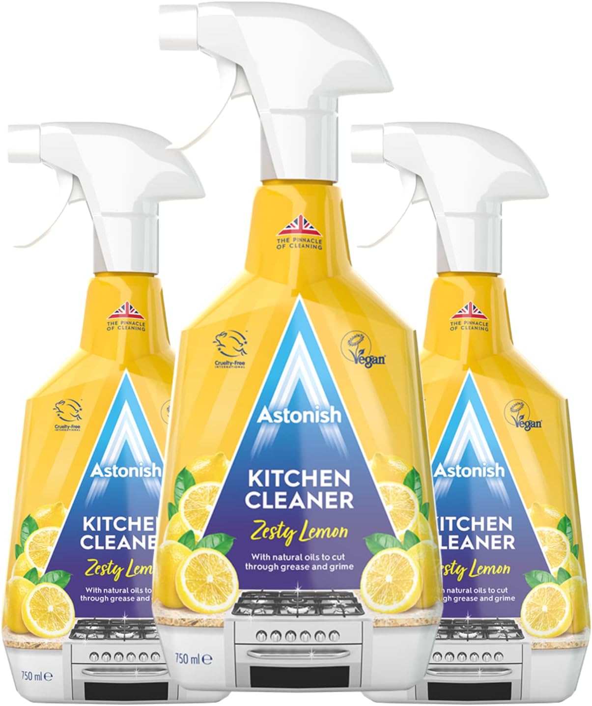 Astonish Zesty Lemon Scented Kitchen Cleaner 3 Pack - All Purpose Cleaning Solution Removes Grease, Grime, & Surface Stains - Cruelty Free Kitchen Grease And Multi Surface Cleaner - 750ml Spray Bottle