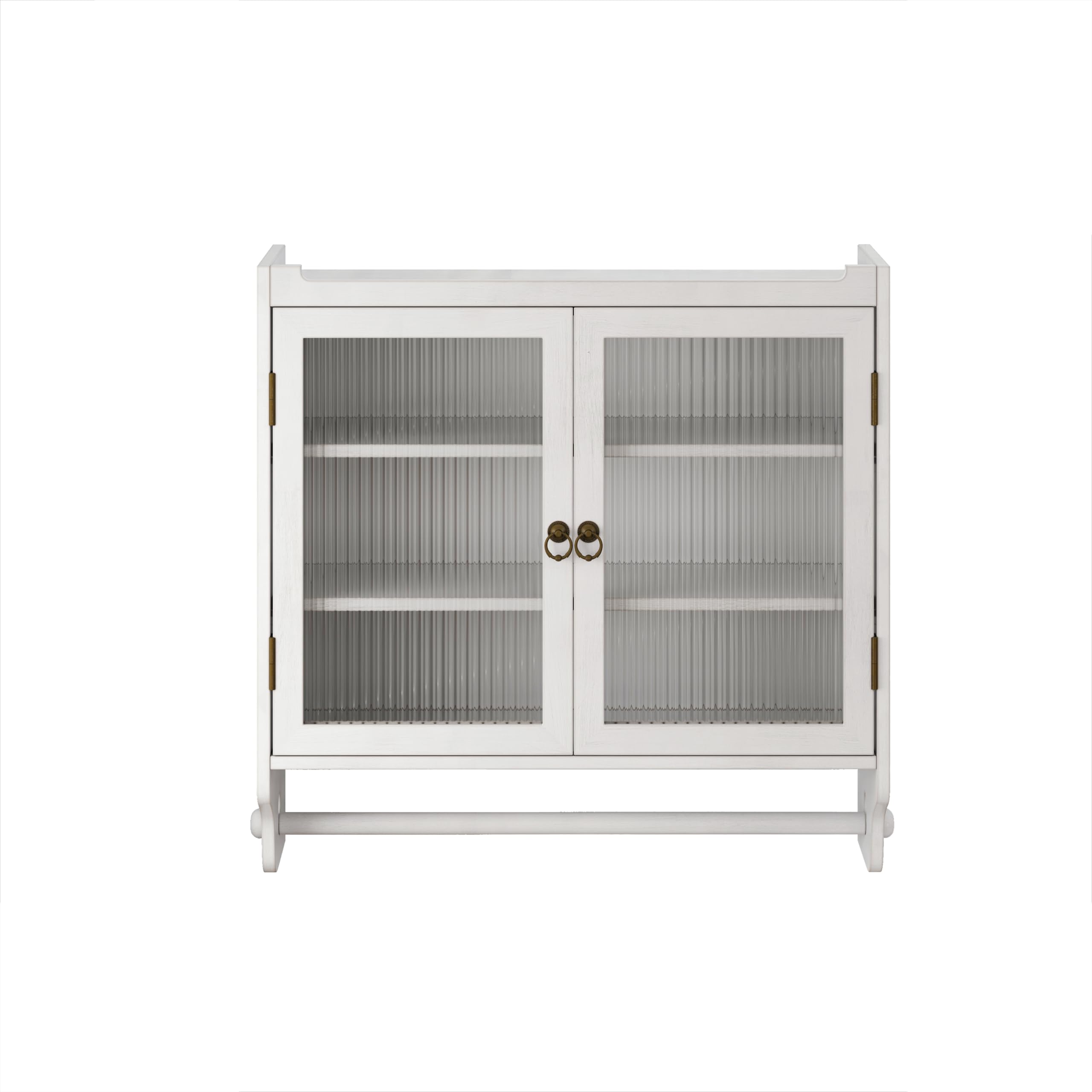 Gabinete de pared vintage de doble puerta de cristal con tres niveles de almacenamiento y estante de toalla, para baño, cocina o sala de comedor, blanco lavado (blanco)