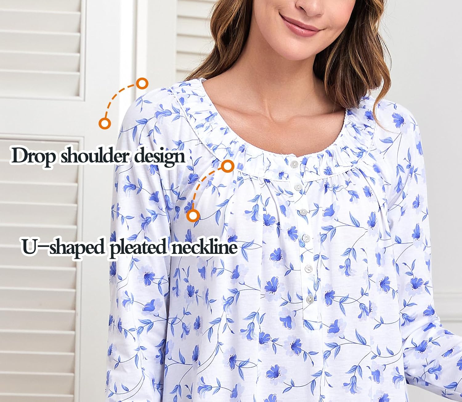 MZROCR Cotton Nightgowns for Women Soft Long Sleeve Night Gowns for Adult Women Comfy Night Shirts Lightweight SleepwearBlue morning glory on white Small - Image 2