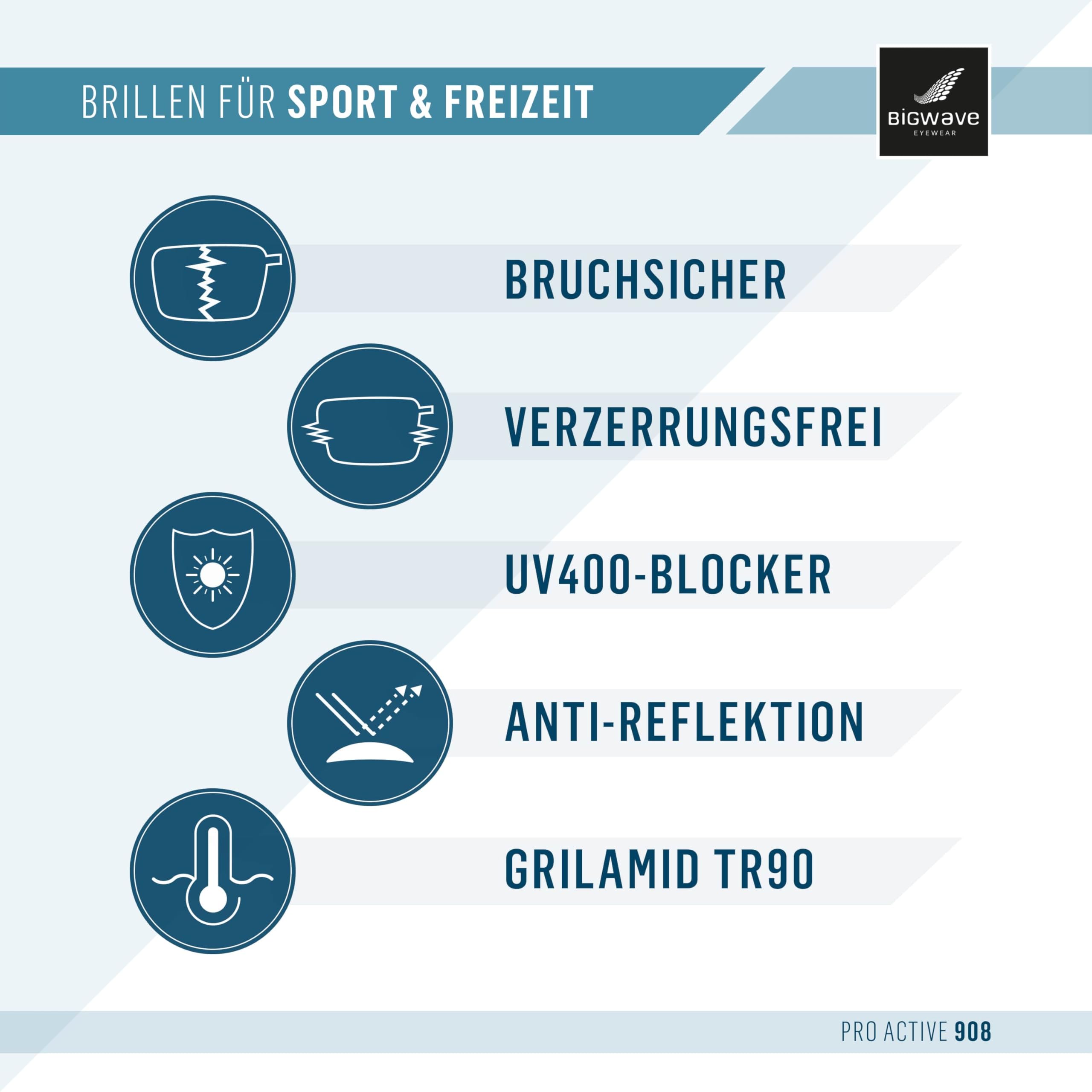 BIGWAVE Pro Active 908 Sportbrille – Fahrradbrille & Laufbrille mit bruchsicherem TR90 Grilamid Rahmen, UV400, Anti-Beschlag, 2 mm Sicherheitslinsen, Scheibenwechsel-System, 3 Jahre Ersatzteilgarantie