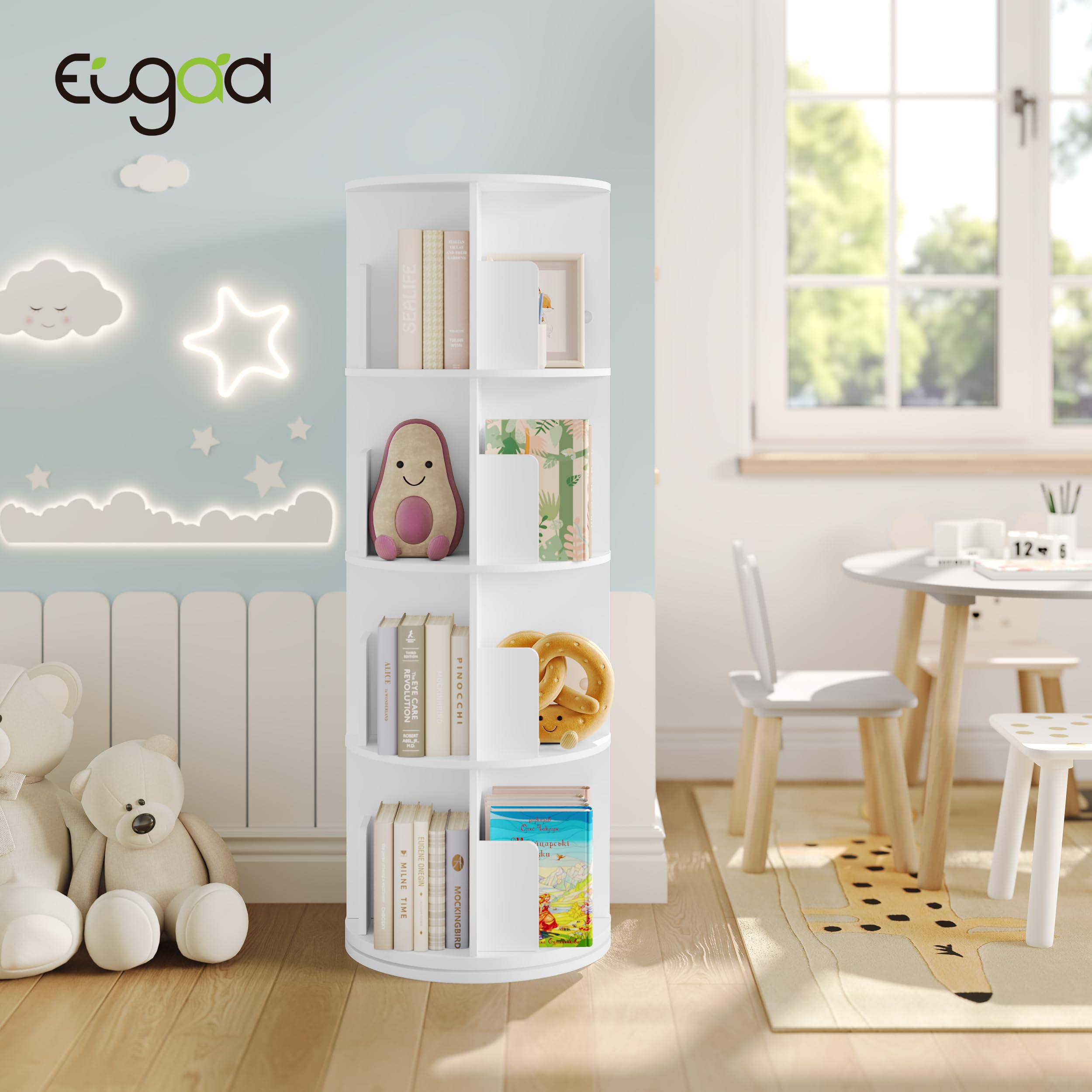 EUGAD Libreria Rotante, Libreria Angolare a 4 Livelli 16 Scomparti, Scaffale Autoportante per Soggiorno, Camera da letto, Ufficio, Studio, in Legno, Bianco