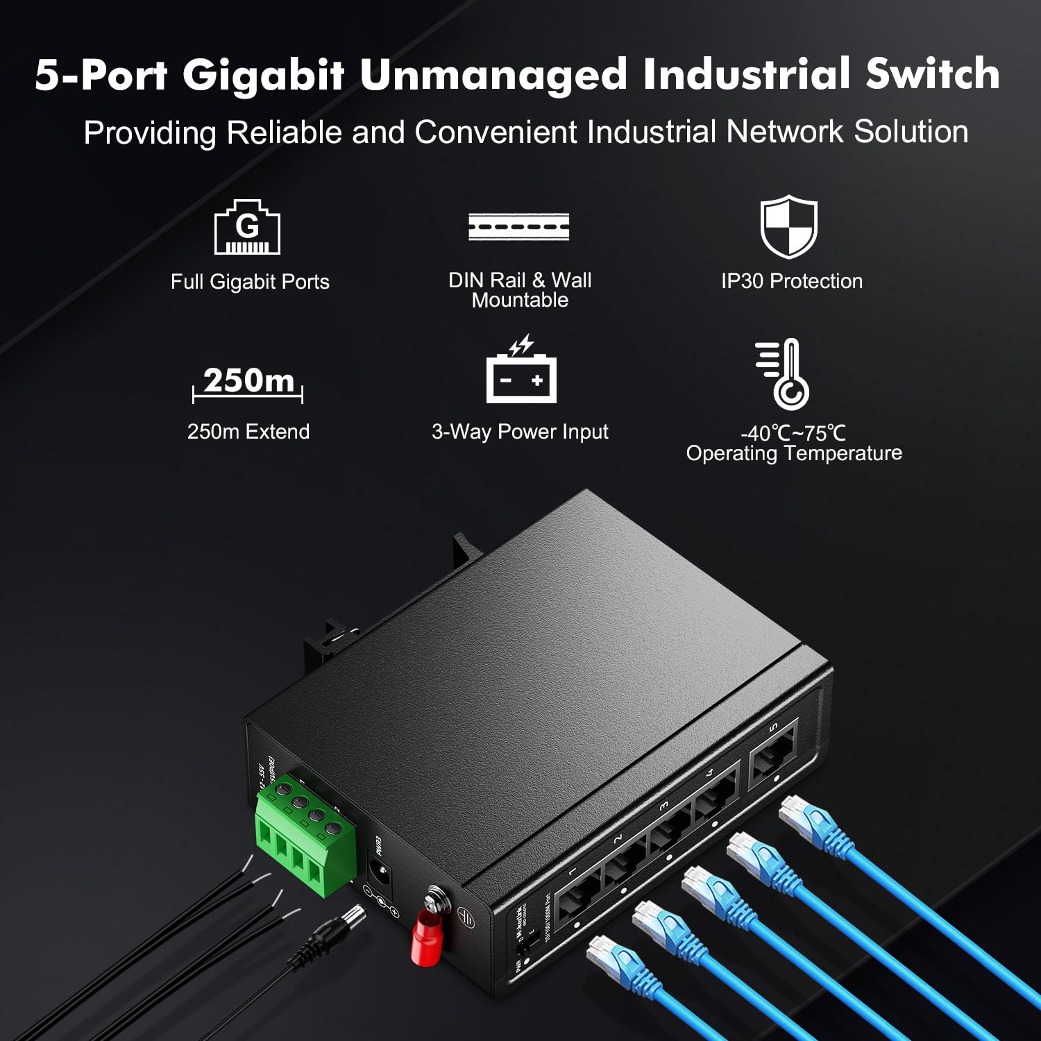 MokerLink 5-portowy Industrial Din Rail Gigabit Switch, 4 x porty 100/1000 Mbps, 1 Gigabit Uplink, mini rozmiar, metalowa szyna DIN i przełącznik Ethernet do montażu na ścianie