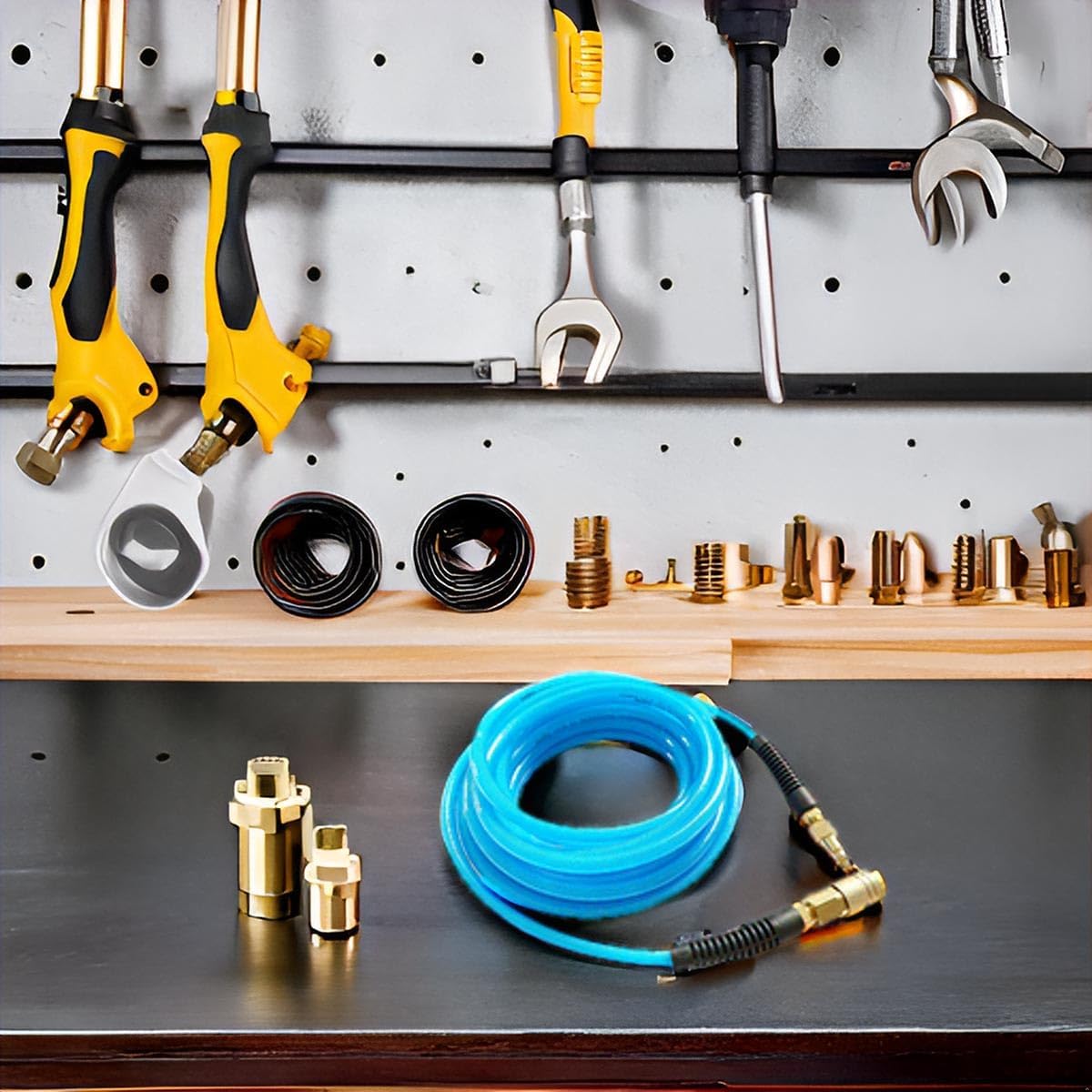 SANFU Polyurethane(PU) Reinforced 1/4”ID(6.3 x 9.8mm) x 25ft, Air Hose With 1/4” Swivel MNPT Solid Brass Quick Coupler and Plug, Transparent Blue(25’)