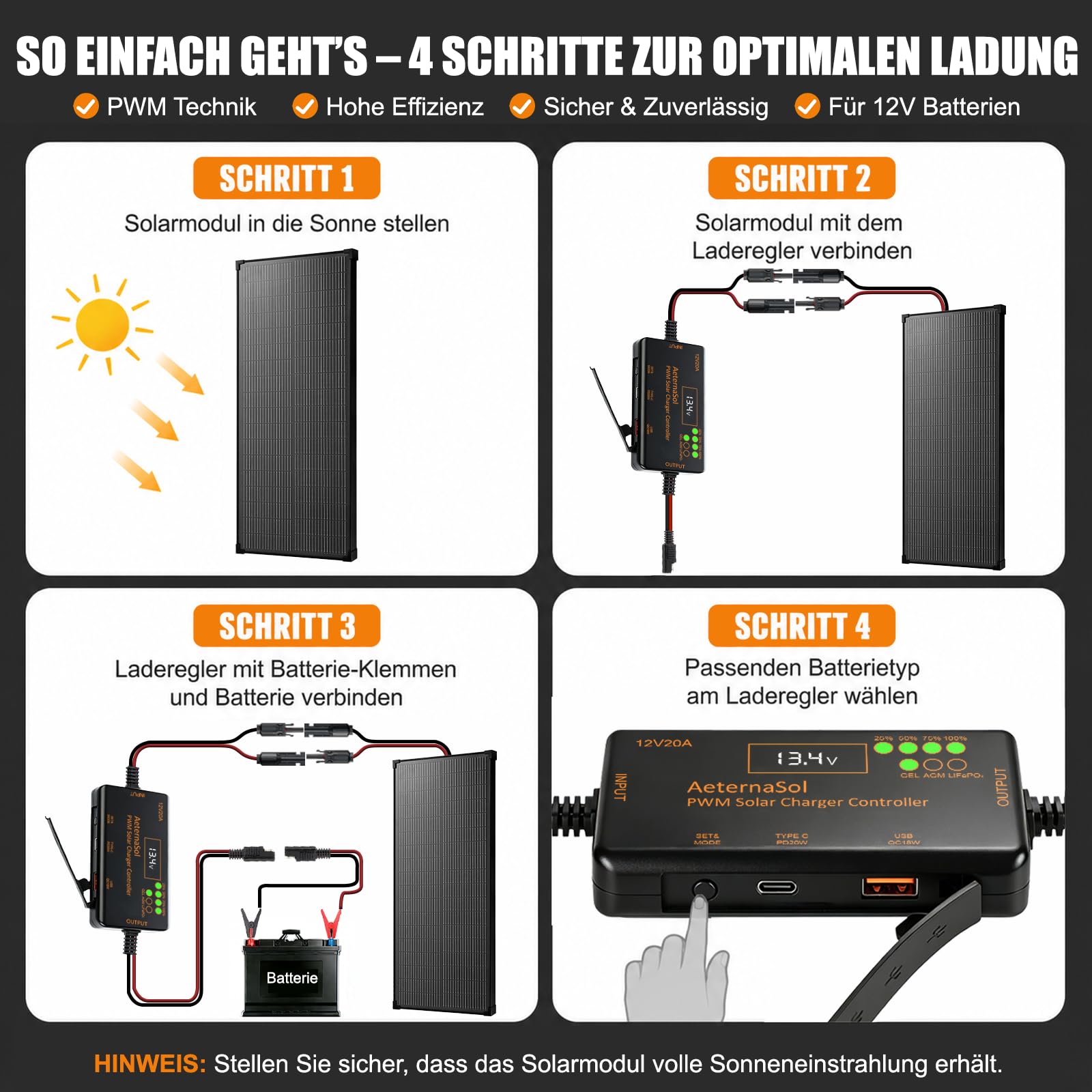 PWM Solar Laderegler 20A mit USB-C 22W + USB 18W Schnellladung, Solarladeregler 12V mit LCD Display, Laderegler Solar 12V für LiFePO4, AGM & GEL Batterien, 30V VOC, Wohnmobil, Camping, Boot