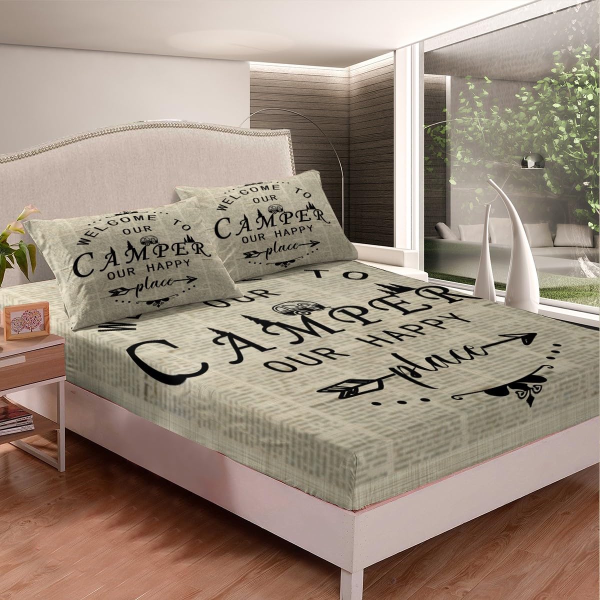 Juego de sábanas bajeras para caravana, tamaño King, juego de ropa de cama de periódico retro, funda de cama de viaje al aire libre, colcha ultra suave y transpirable, 3 piezas para niños,
