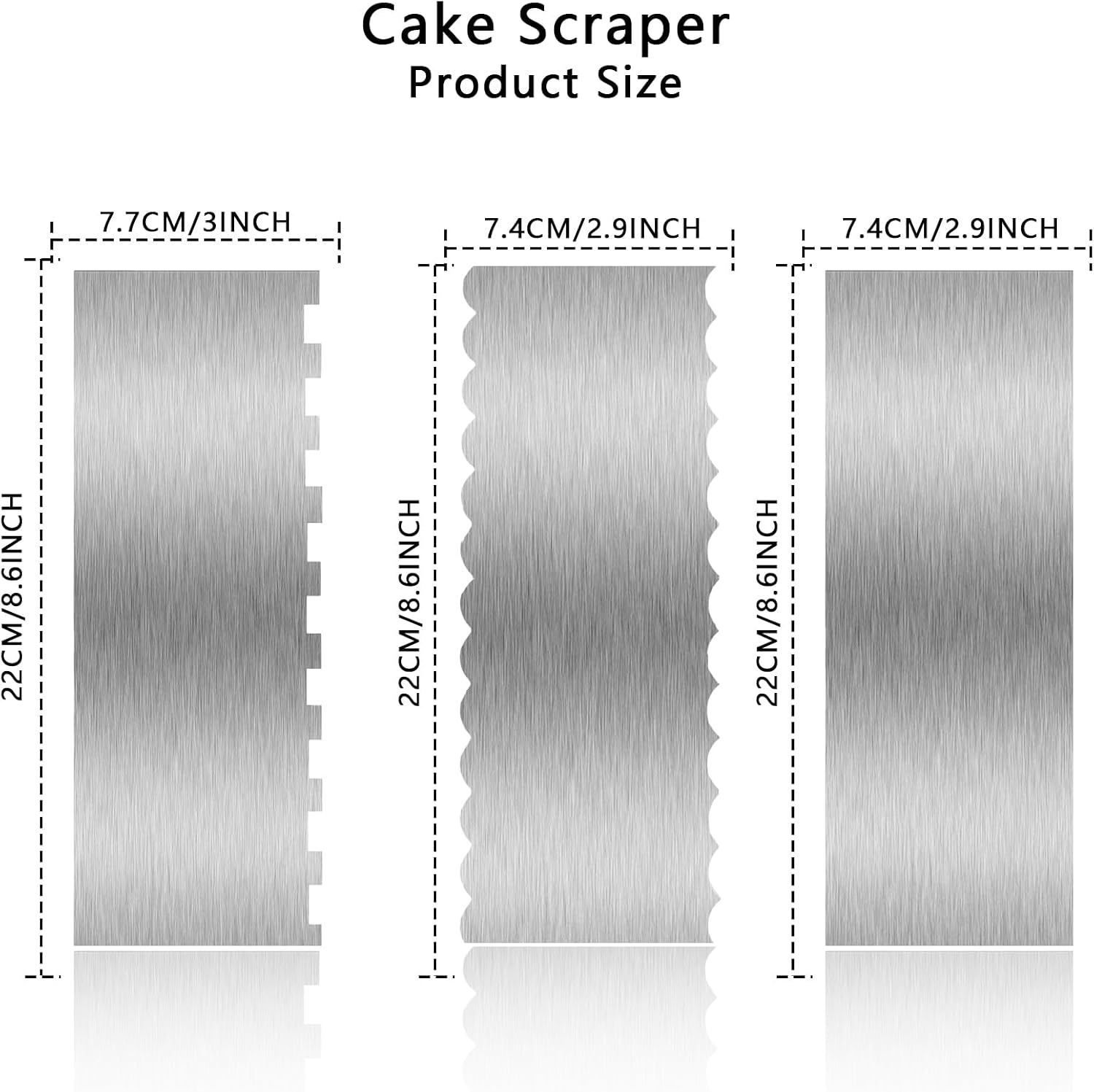 3 Piece 9 Inch Stainless Steel Cake Scraper, Cream Cake Scraper Sided Patterned Edge Stripe Edge Smoother Scraper Cake Smoother Frosting Scraper Cake Decorating Comb for Mousse Butter Cream image 2