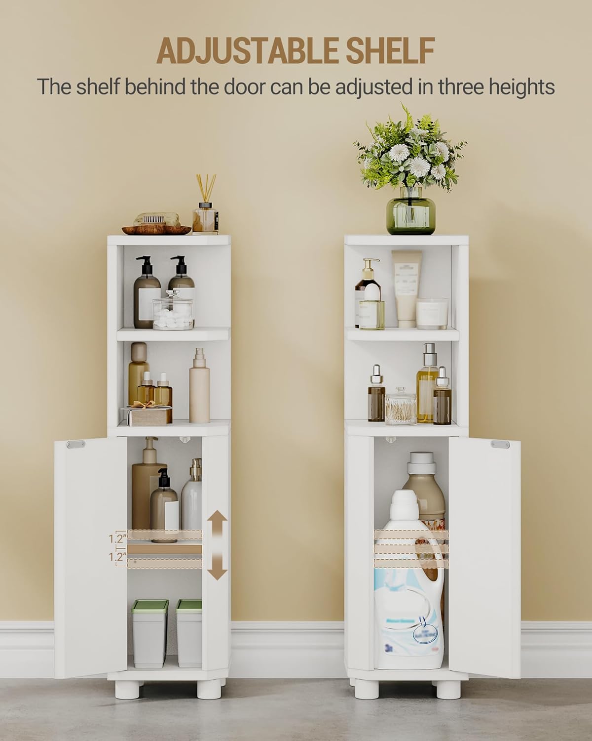 Corner Cabinet, Small Bathroom Corner Cabinet with Doors, Narrow Storage Cabinets with Adjustable Shelves, Bathroom Organizers and Storage for Small Space, White BC20003X