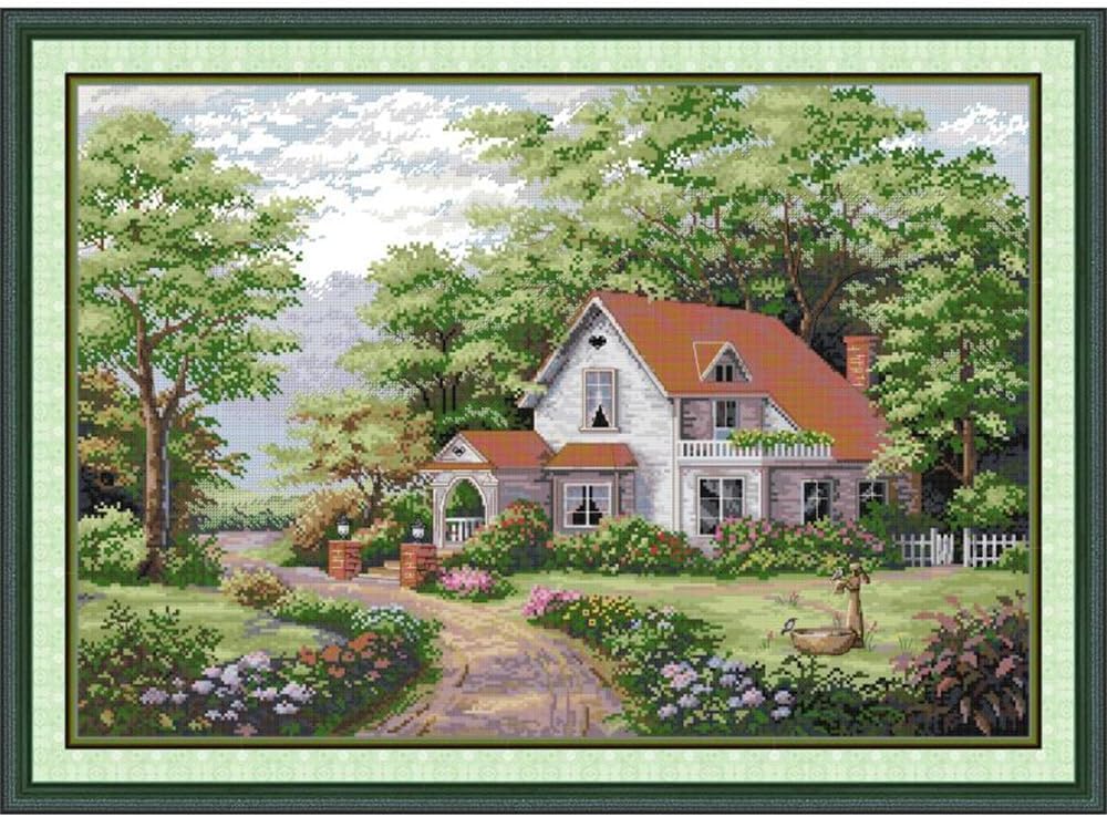 JOYSEWING Stamped Kits Country Cross Stitch Kits Forest Houses DMC Sets Embroidery Needlepoint Kits Counted Patterns Embroidery DIY Home Decoration (11CT) 30.7×22 inch (Red Roof Villa (Printed))