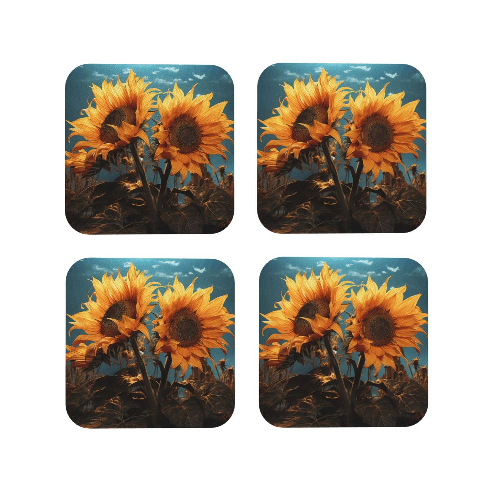 4pcs Drink Coasters for Tabletop Protection, 4" Leather Coasters for Drinks, Fantasy Sunflower Cup Coasters for Coffee Table Decor, Non-Slip Drinking Cup Mat for Hot Or Cold Drink