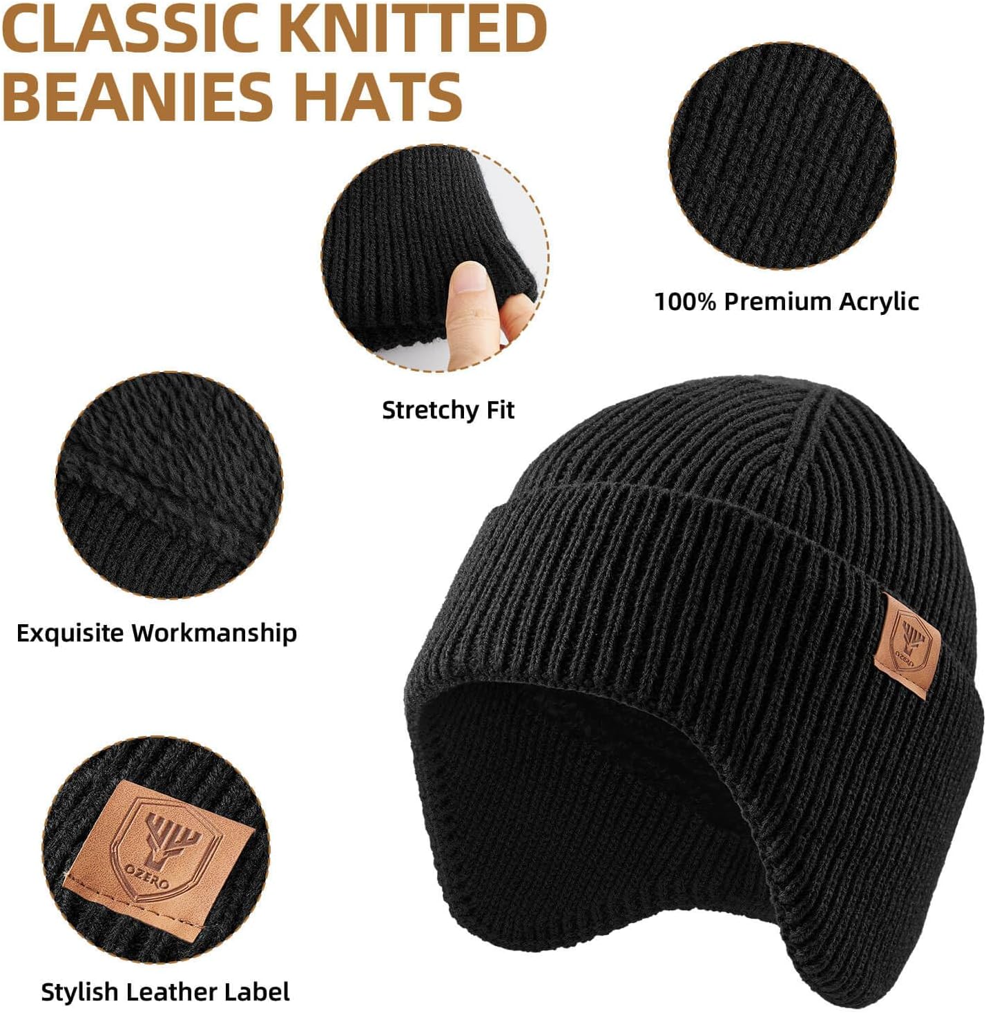 OZERO Winter Beanies Hats Men: Beanie with Ear Flaps Outdoor Thermal Knitted Hat - Warm Ski Stocking Polar Fleece Cuffed Cap - Image 2