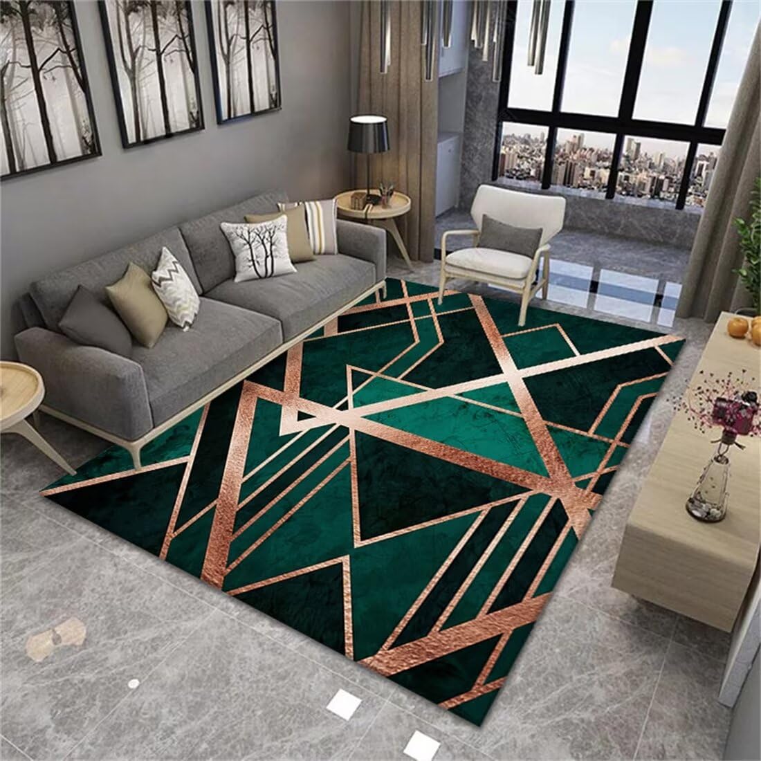 Tapis intérieur salon vert sous table basse au design géométrique