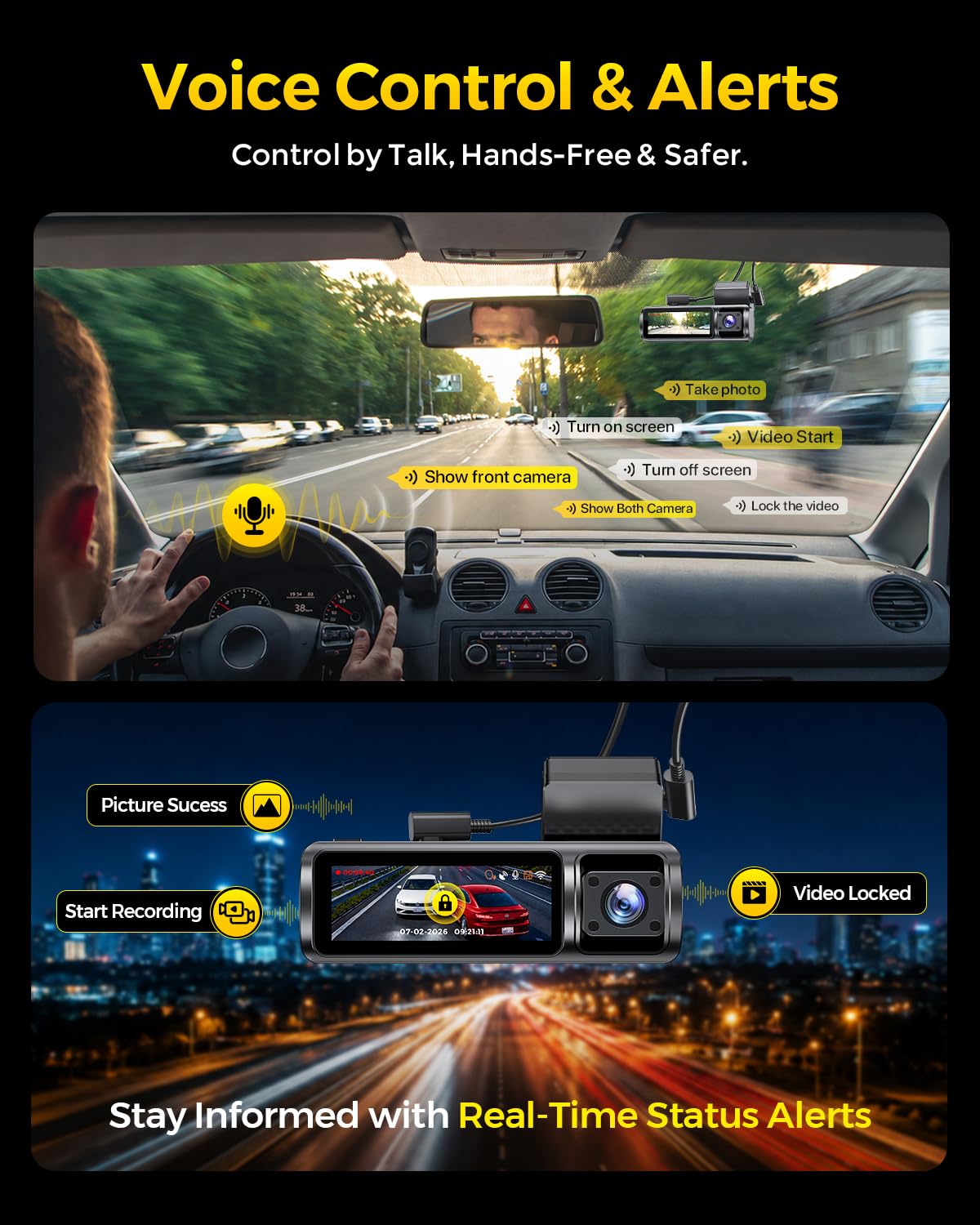 GKU Caméra de tableau de bord 3 canaux 4K + 1080p + 4K 5,8 G WiFi pour