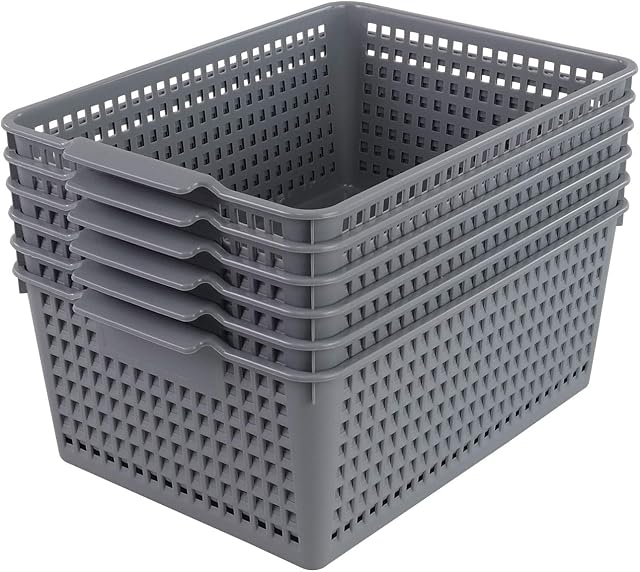 Farmoon Gray Weave Plastic Basket, Cupboard Storage Baskets Orgainzer, 6 Packs