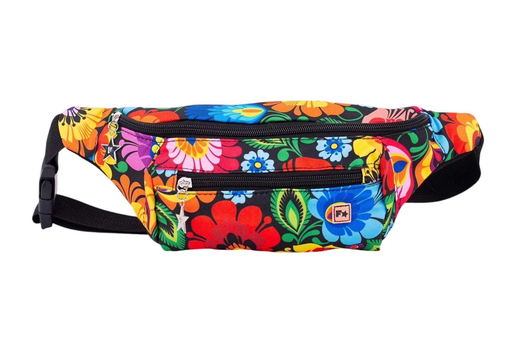 Torba nerka crossbody unisex z 2 kieszeniami na zamek błyskawiczny, kwiatowy wzór polski, pamiątka z Polski, Łowicz Czarny, One Size, Kwiatowy crossbody