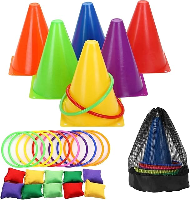 ECHG 26Pcs Ring Toss Game Set 3 In 1 Carnival Combo Set with Bean Bags Plastic Cones Throwing Rings for Kids Children Adults Family Outdoor Indoor Activity