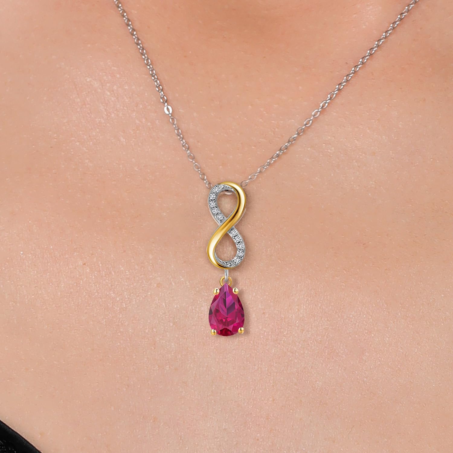 Gem Stone King 925 Silver and 10K Yellow Gold Red Created Ruby and Lab Grown Diamond Pendant Necklace for Women | 2.18 Cttw | Gemstone July Birthstone | Pear Shape 8X5MM | With 18 Inch Chain - Image 3
