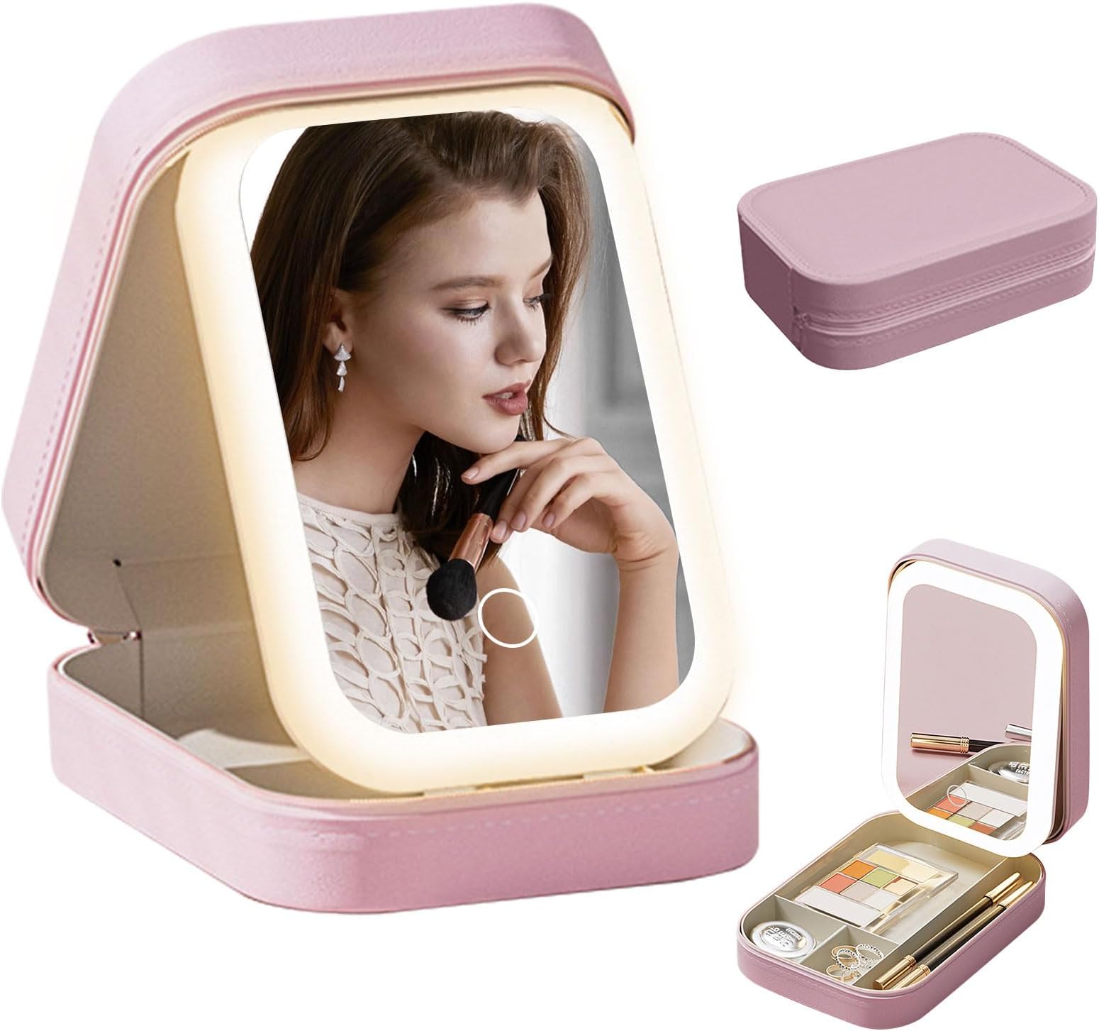 LiveGo2 in 1 Jewelry Box,Travel Jewelry Case Organizer with LED Makeup Mirror for Girls Women and Travel Essential to Store Ring, Necklace, Earring (Pink)