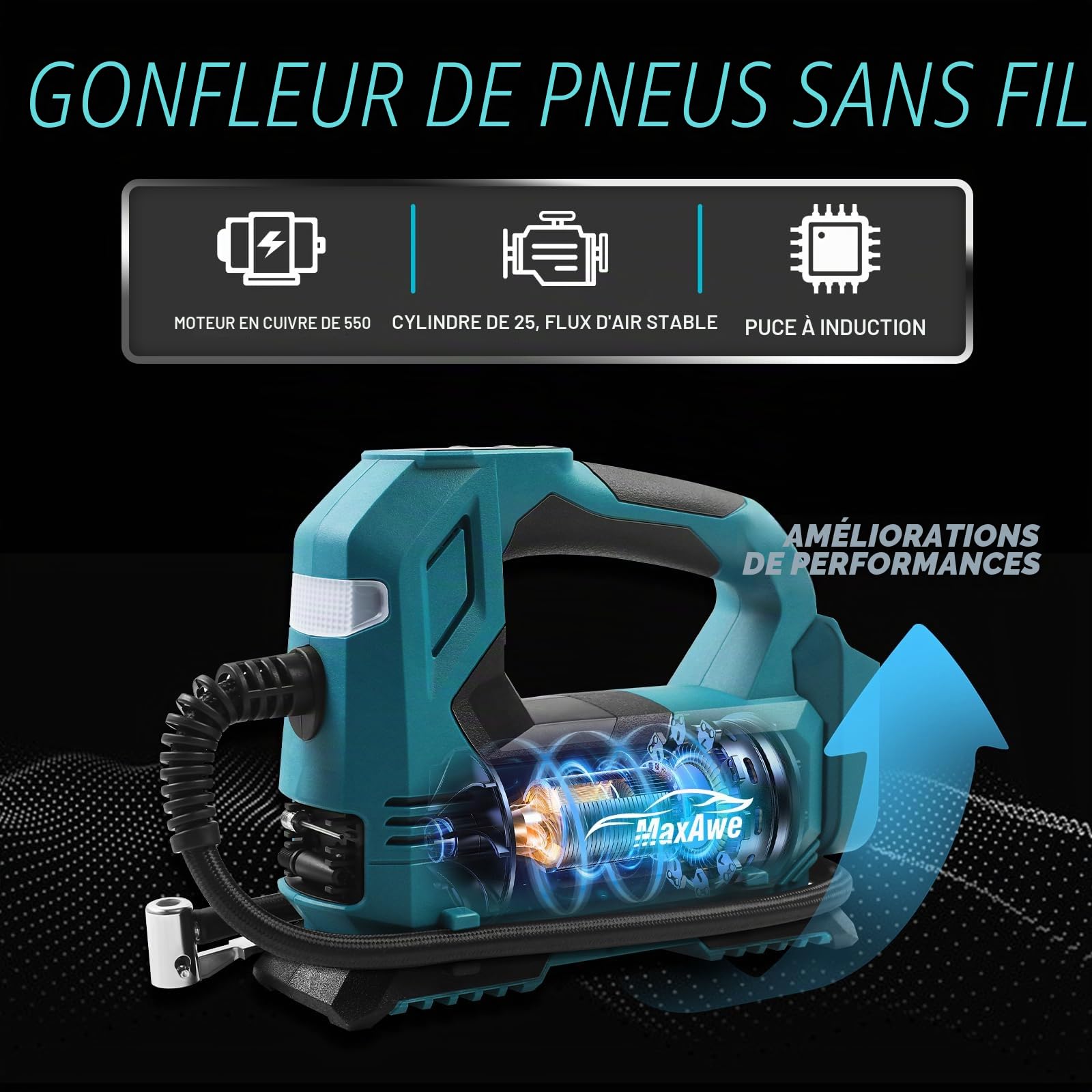 MaxAwe Compresseur à batterie pour Makita 18 V, pompe à air électrique sans fil avec câble auto et 3 buses, gonfleur portable avec lumière LED, pour voitures, motos, vélos, ballons (sans batterie)