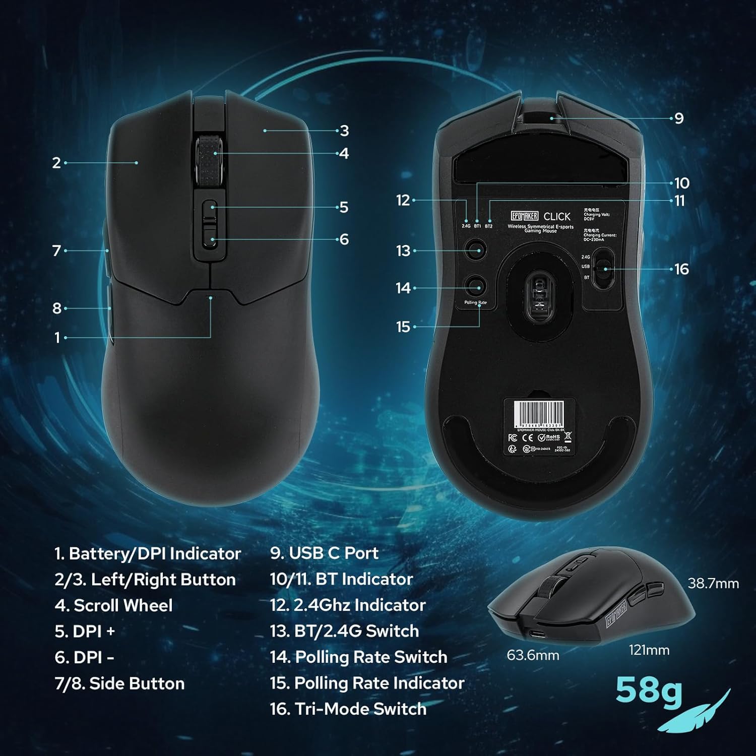 EPOMAKER Click Gaming Mouse Wireless 2.4Ghz/BT/Type-C, 800 to 42,000 DPI Adjustable, 8K Polling Rate, 500mAh, Lightweight Optical Mouse, for PC/Mac/Linux (Black)