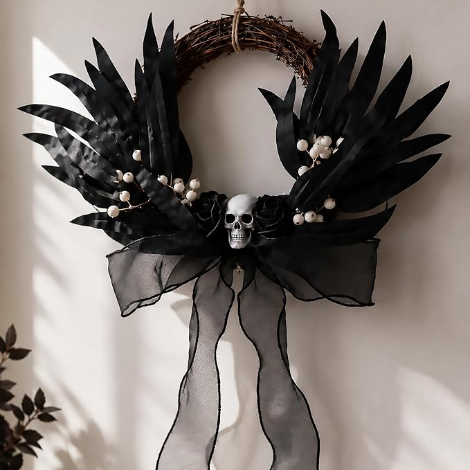 Artilady Skull Bow Garland Wreaths for Front Door, Rattan Porch Decor