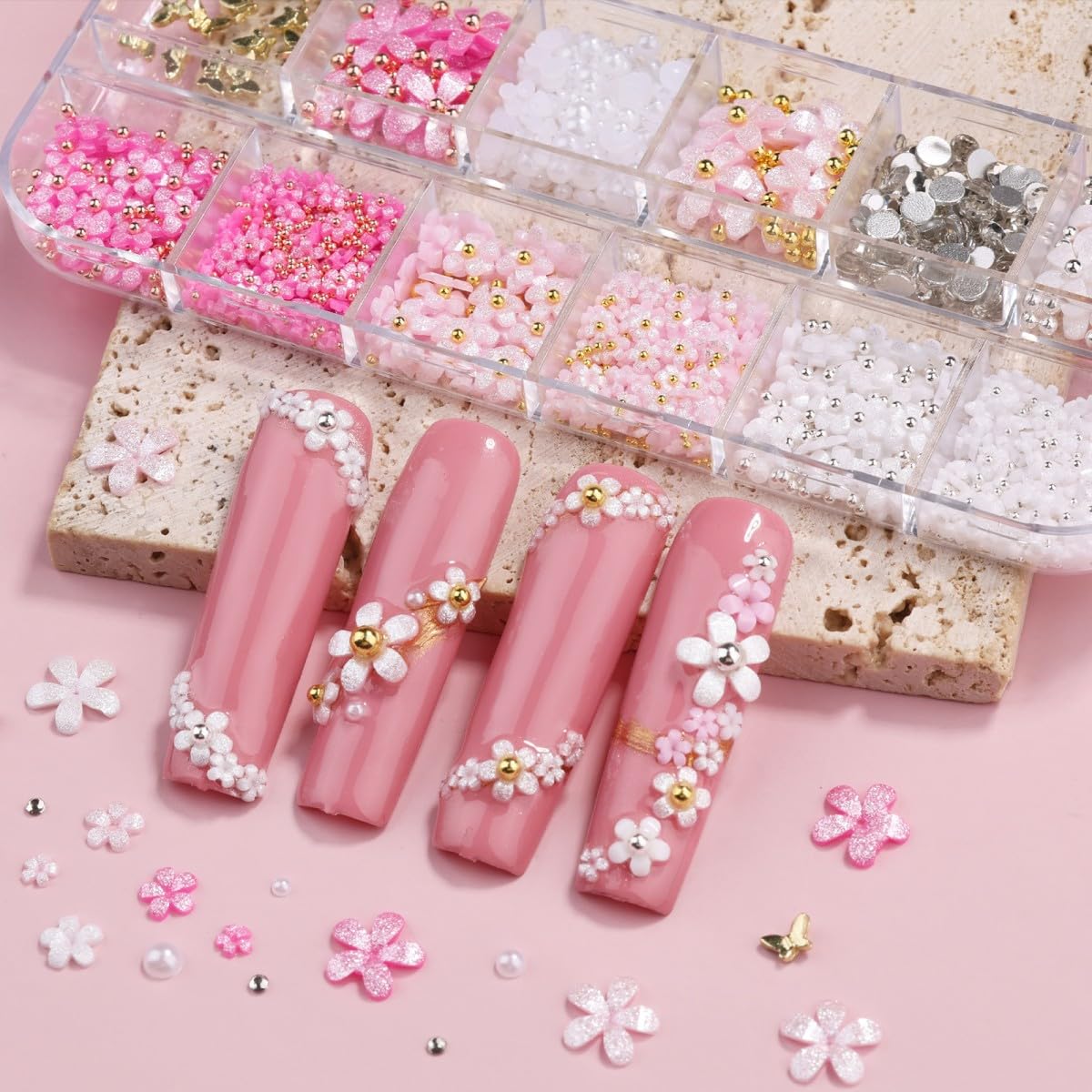 Lot de 2 boîtes de breloques pour ongles 3D (nœud, fleur, demi-perle), fleurs roses pailletées et nœuds, accessoires décoratifs pour manucure et loisirs créatifs