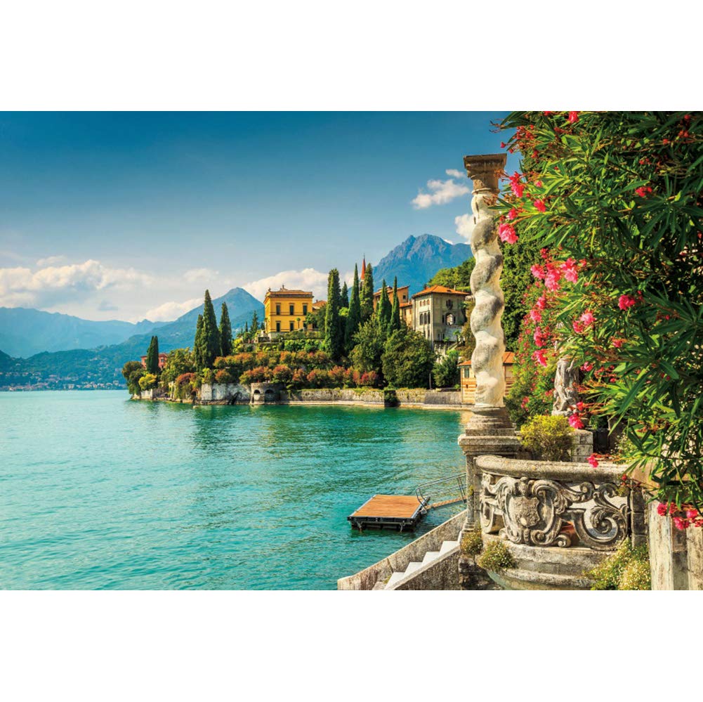 DORCEV 8x6ft Italy Lake Como Landscape Backdrop Sunny Sky Italy Garden Architecture City Lake Come Travel Holiday Photography Background for Teavel
