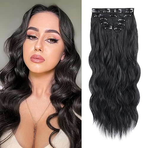 Extensiones de cabello negro natural con clip, de 20 pulgadas, 6 unidades, gruesas, rizadas, extensiones de cabello sintético de doble trama,