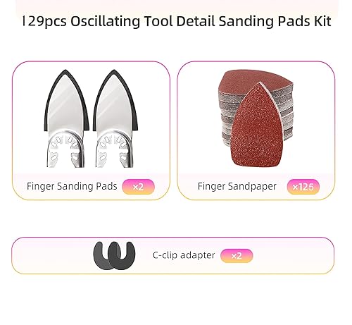 Miniatura 2 de Kit de 129 almohadillas de lijado oscilantes para dedos, 2 almohadillas de lijado de dedos, 2 adaptadores de clip en C, 125 piezas de papel de lija