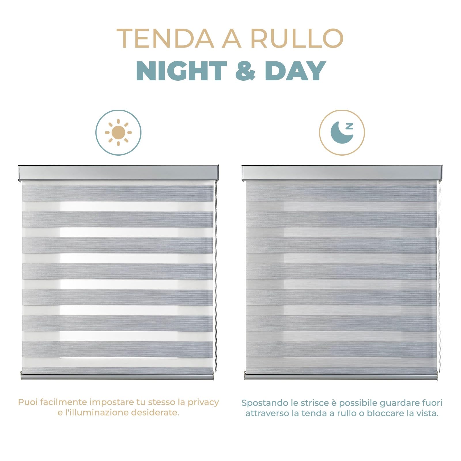 PARAMAISON Tenda a Rullo con Cassonetto per Interni Giorno e Notte, Struttura in Alluminio, Catenella, Tenda Doppia Posizione e Luminosità Variabile | 240x300 Tortora/Acciaio