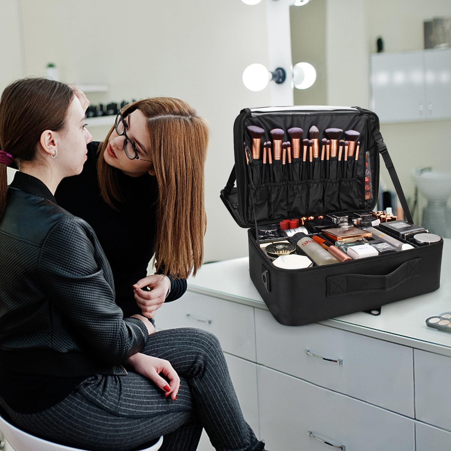 Relavel Extra Large Makeup Case with Plastic Dividers Washable and Easy to Clean, Travel Makeup Train Case Professional Makeup Artist Bag Portable Nail Organizer Box Art Supply Case (Black) - Image 6