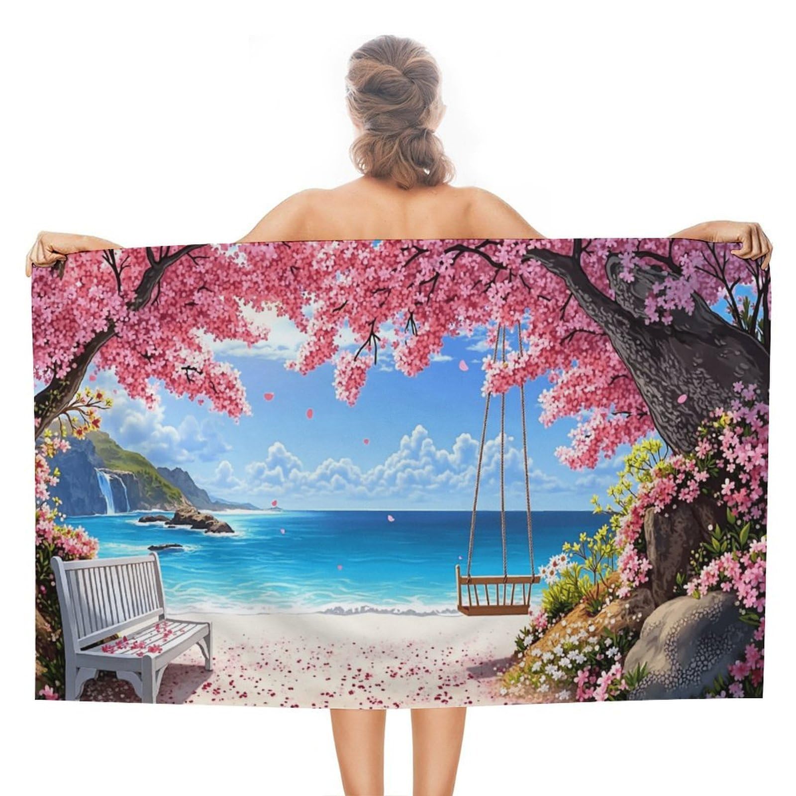 Anceky Cherry Blossom Beach Swing Beach Towel Microfiber Soft Absorbent Oversized Large Bath Towel Blanket Thin Quick Dry for Adults Swimming Pool Yoga Gym Travel 51"X31"