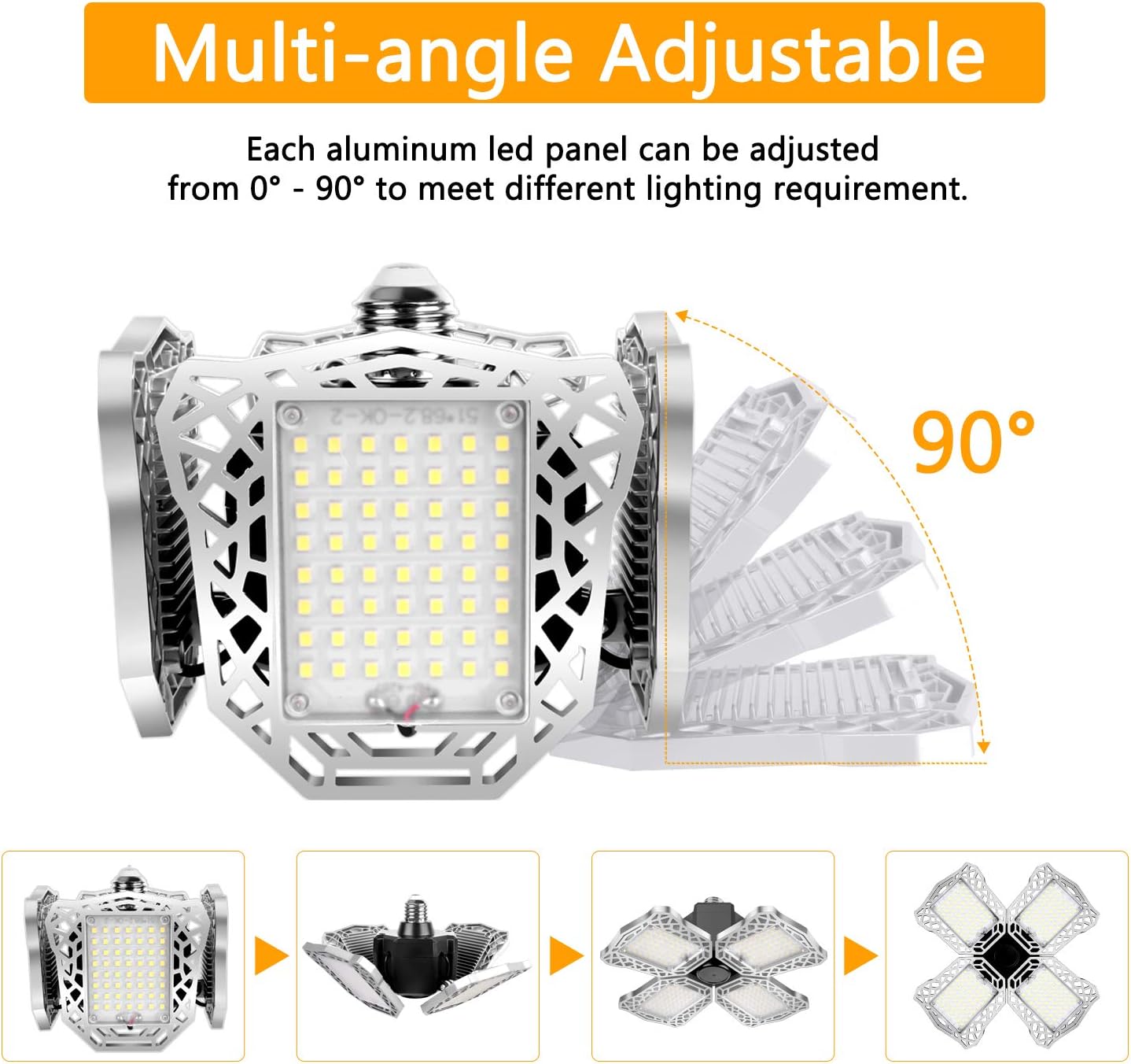 Mixoo LED Garage Light 70W - Super Bright Deformable LED Garage Ceiling Light with 4 Adjustable Panels, 6500LM E26 LED Shop Light for Garage, Warehouse, Basement