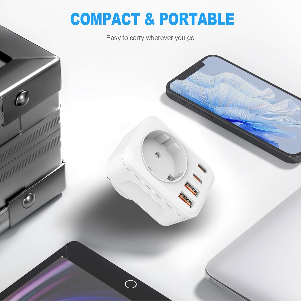 Clomnpe Adaptador Enchufe Europeo a Americano, 5 en 1 Adaptador Enchufe USA con 2 USB C y 2 USB A, Amplia Adaptabilidad, Europa/Español 2-Pin a 3-Pin USA Tipo B para EE.UU./Canadá/Mexico/Colombia/Perú — view 6