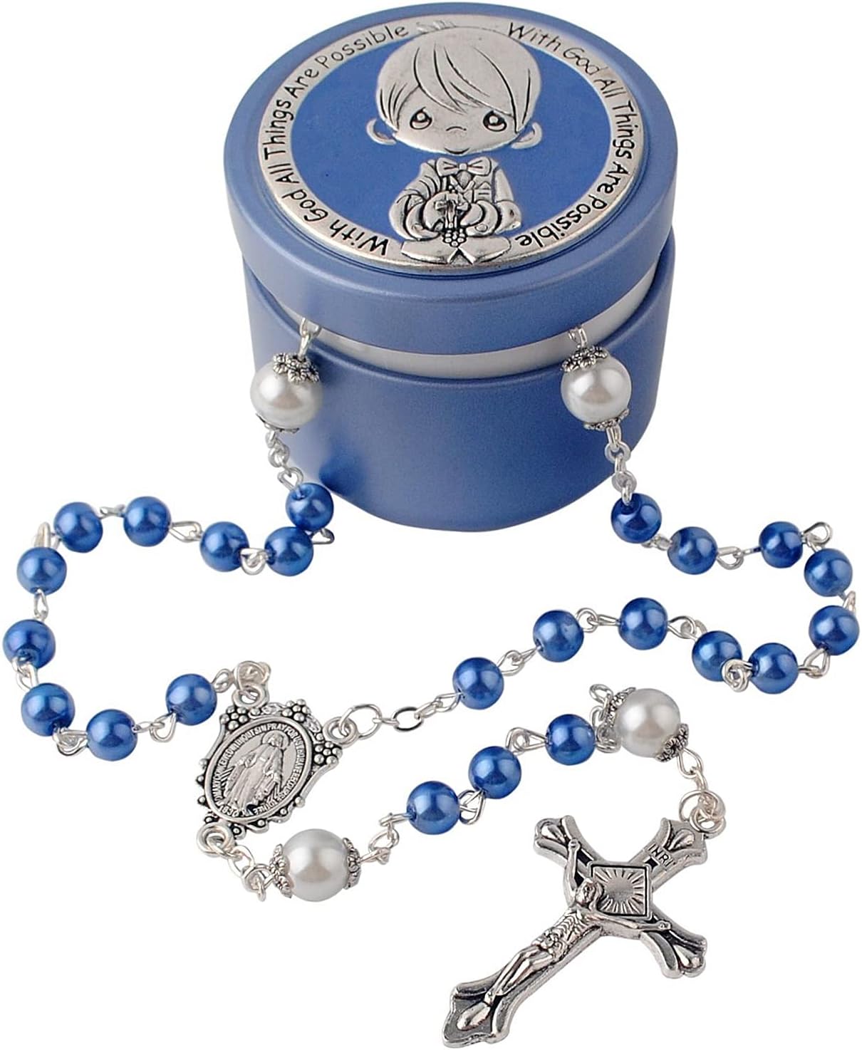 HanlinCC6mm Glass Pearl Beads First Communion Catholic Rosary Necklace with Metal Gift Box