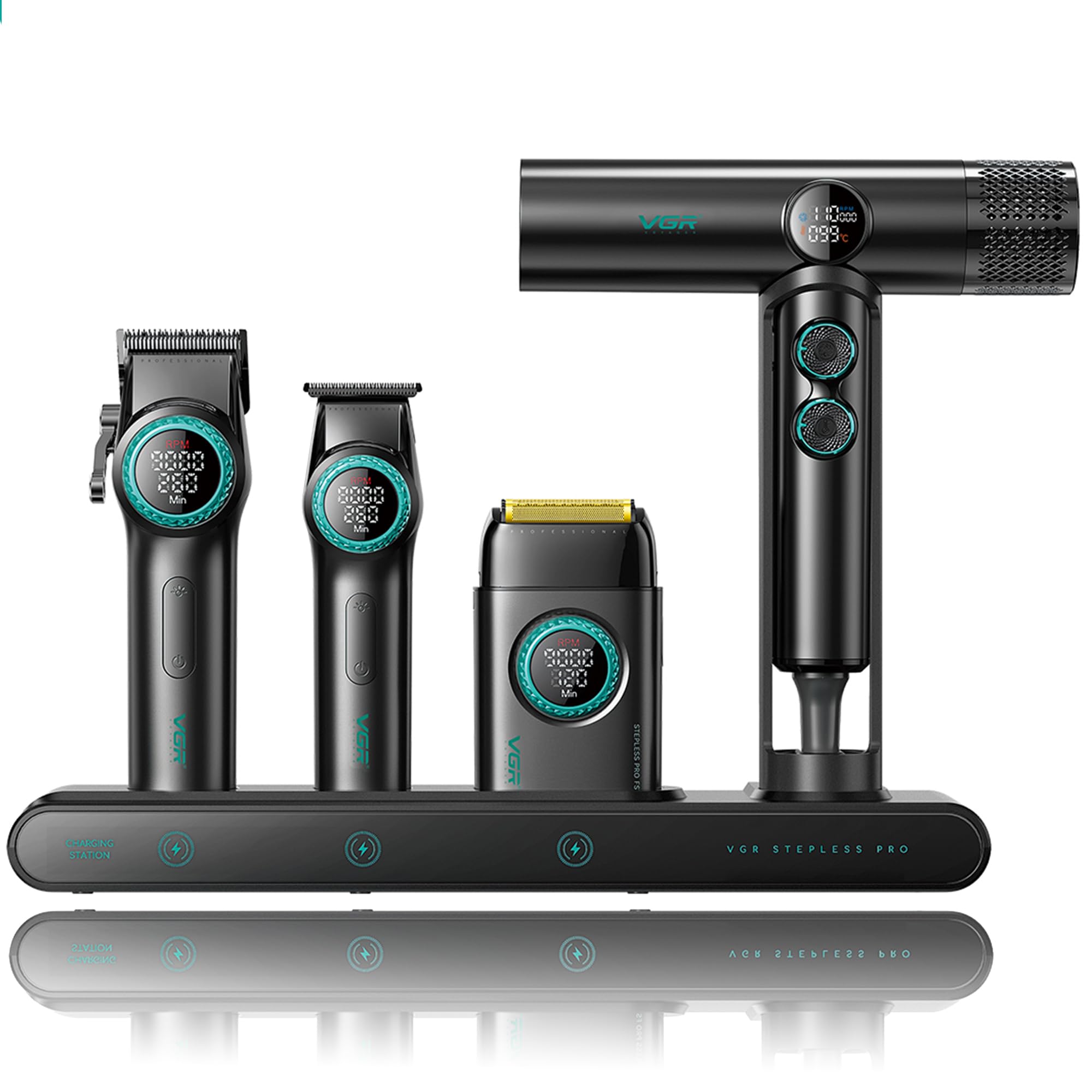 VGR 4-in-1 Professional Hair Trimmer Foil Shaver and Ion Hair Dryer Set, Professional Barber Set with Powerful Motor, LED Display, Adjustable Speed, Black