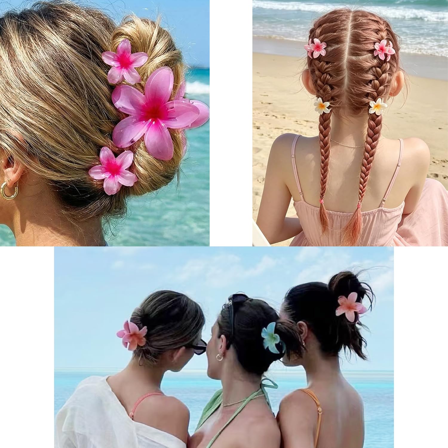 Flower Hair Claw Clip Set,1 Pc Large and 2 Pcs Small Hawaiian Plumeria Claw Clips,Beach Tropical Hair Accessories for Women (Green) image 4