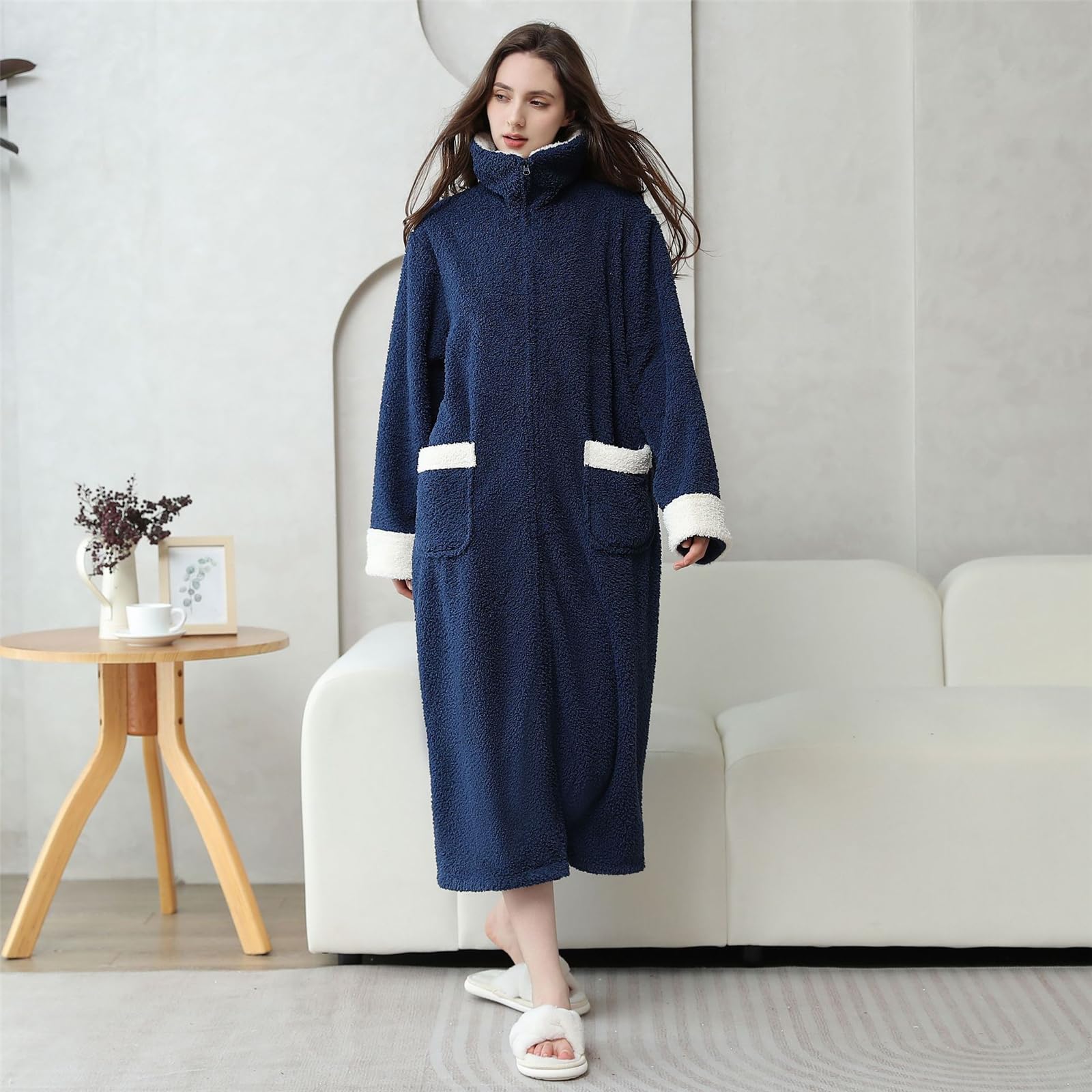 Batas de felpa con cuello delantero con, Navy blue M