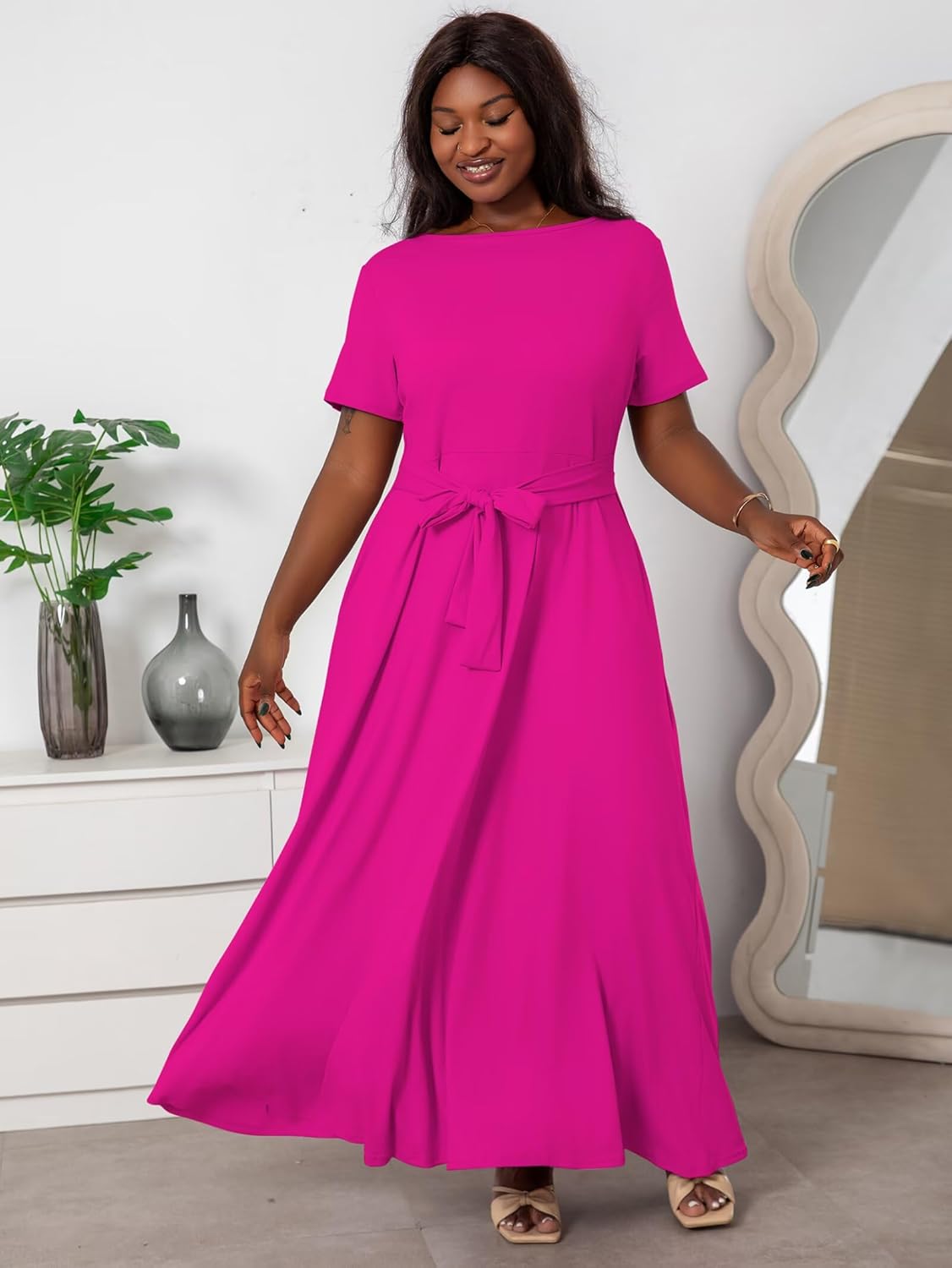 Plus Size Dresses for Curvy Women Soft Comfy Stretchy Short Sleeve High Waist Self Tie Flowy Pleated Maxi Dress - Image 2