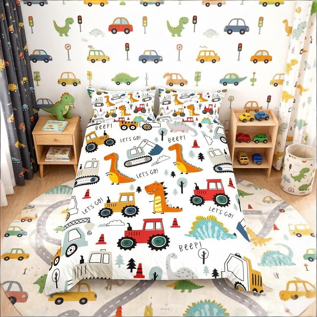 Loussiesd Dinos Bedding Set Single Kids Construction Excavator Bedding Jungle Dinosaur Equipment Truck Duvet Cover Set Dino Construction Tractor Crane for Teenagers Girls Room Decor