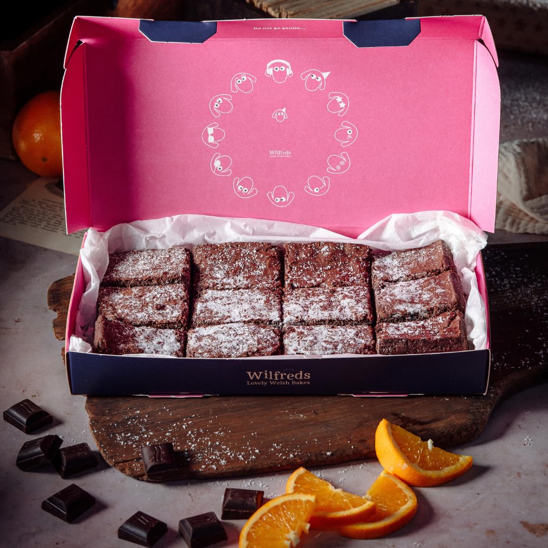 Wilfreds Belgian Chocolate Orange Brownies - 12 Gourmet Brownies in a Gift Box, Perfect for Brownie Sharing Joy or a Great Gift for Him or Her - Letterbox Friendly