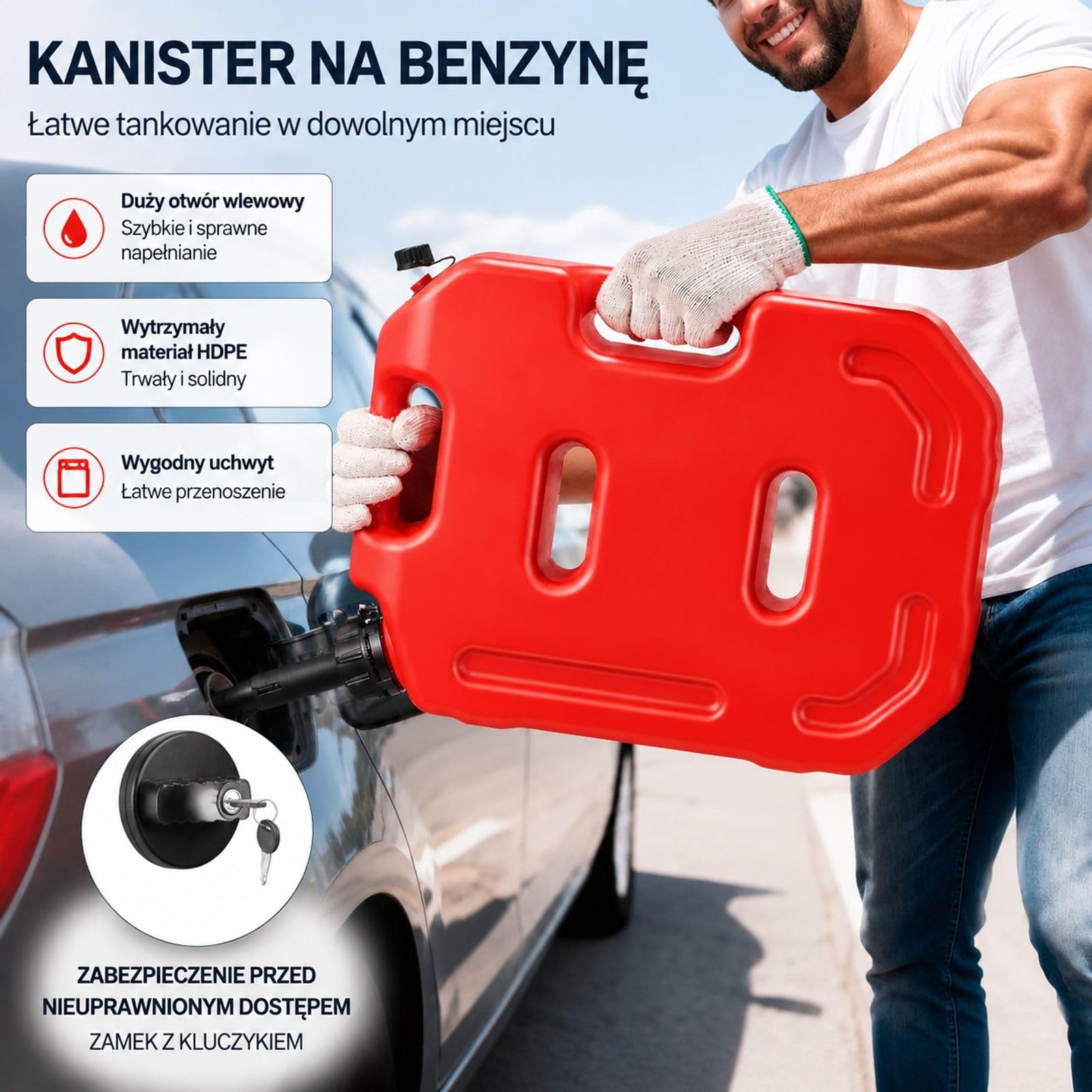 Czerwony kanister na paliwo 10 l z HDPE i PP, z dzióbkiem, zamykanym uchwytem oraz maksymalnym przepływem 15 l/min do samochodów, motocykli, quadów i pojazdów UTV
